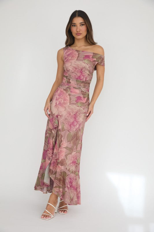 Trisha Blush Floral Mesh One Shoulder Side Ruffle Midi Dress