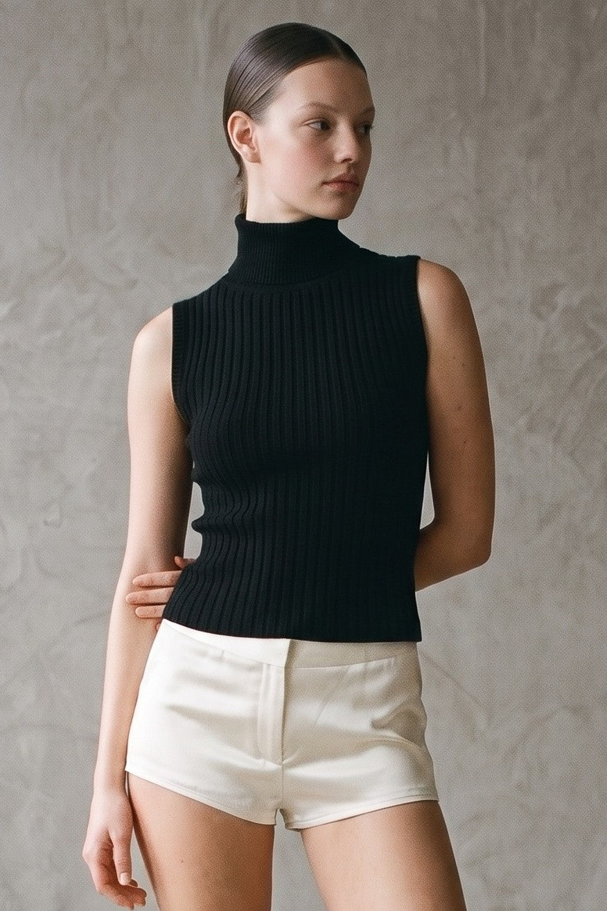 Shelbi Black Open Back Turtleneck Ribbed Knit Top