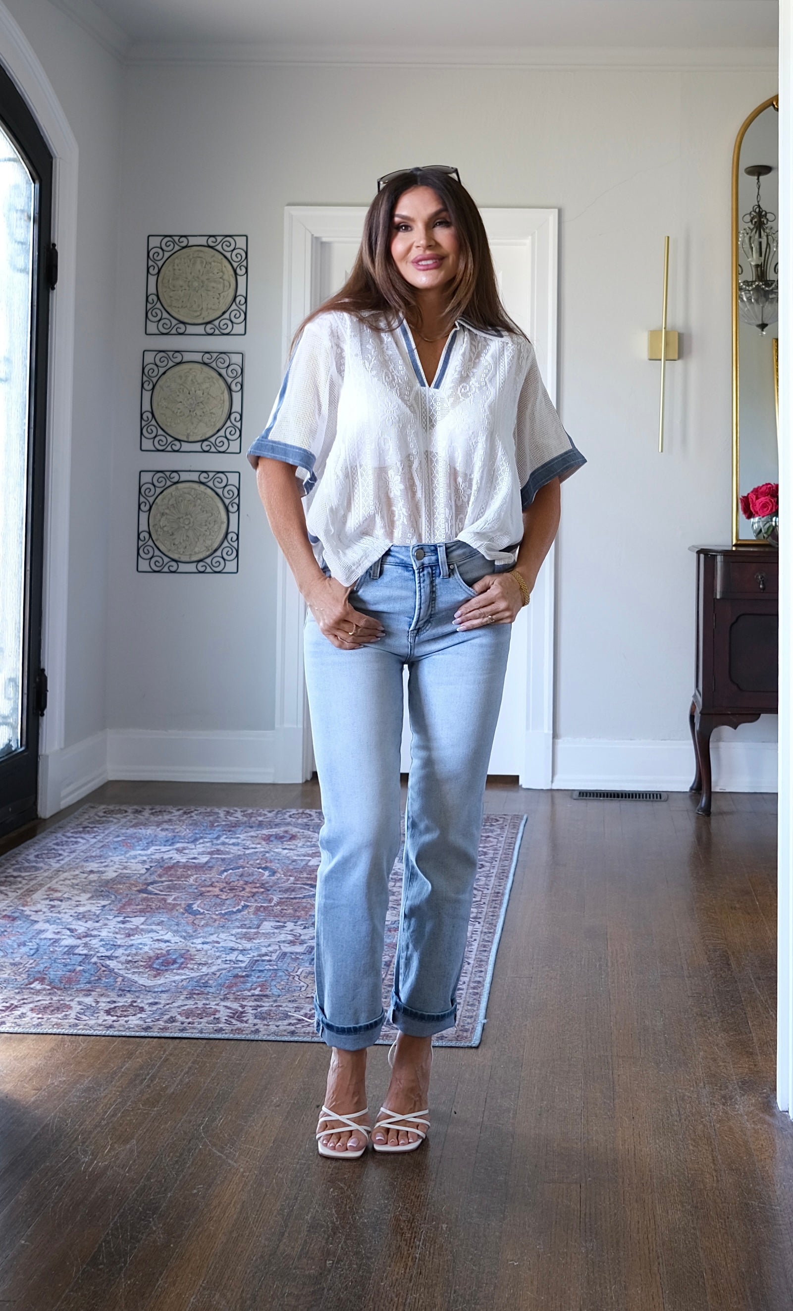 Fanny sleeve lace and denim v neck shirt