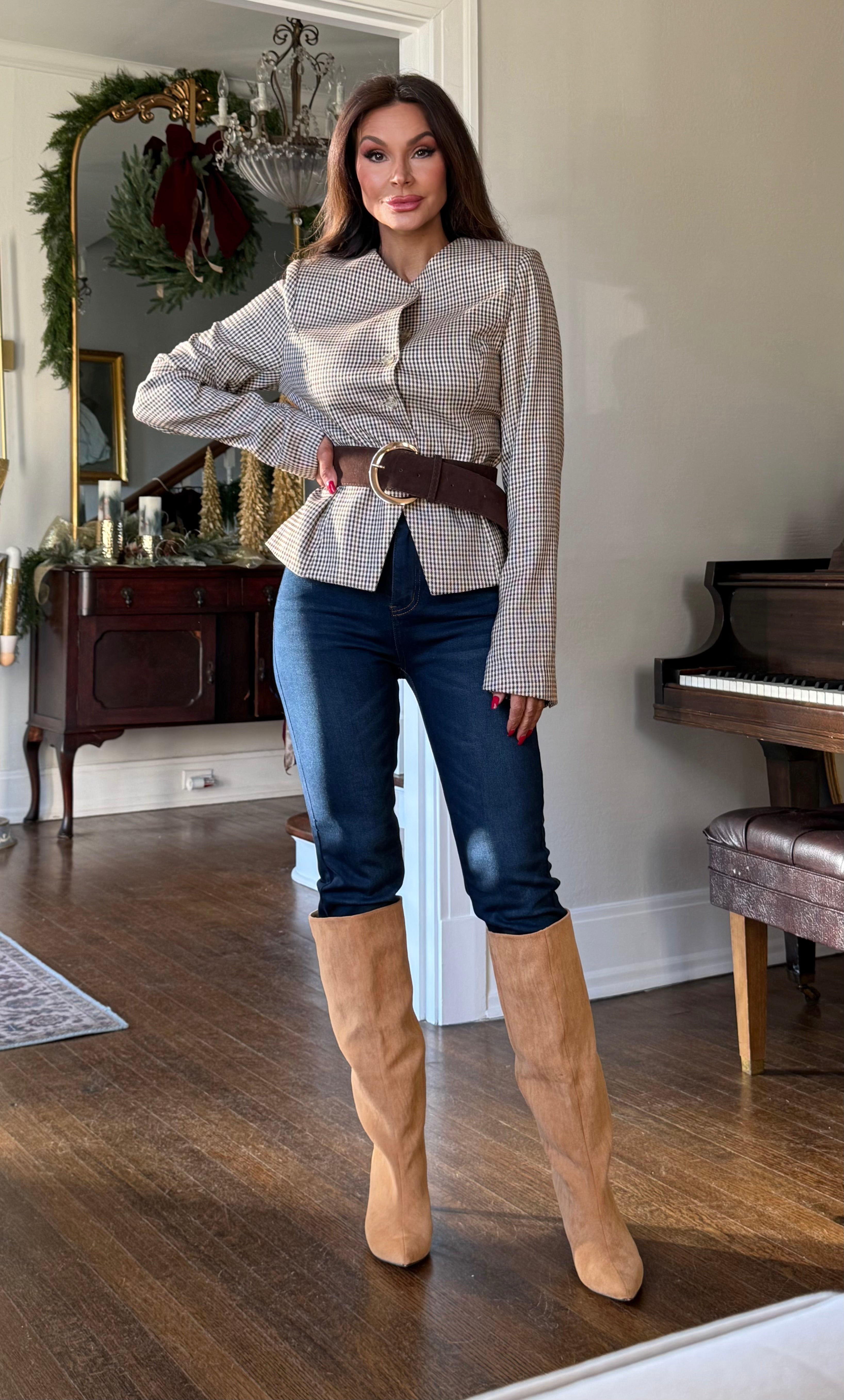 Lana Brown Plaid Round Neck Blazer