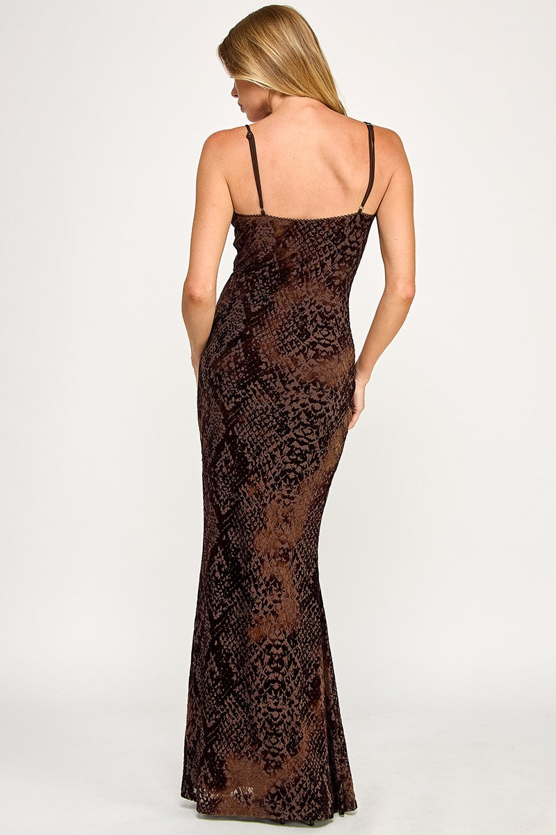 Vivenne Brown Snake Print Mesh Maxi Dress