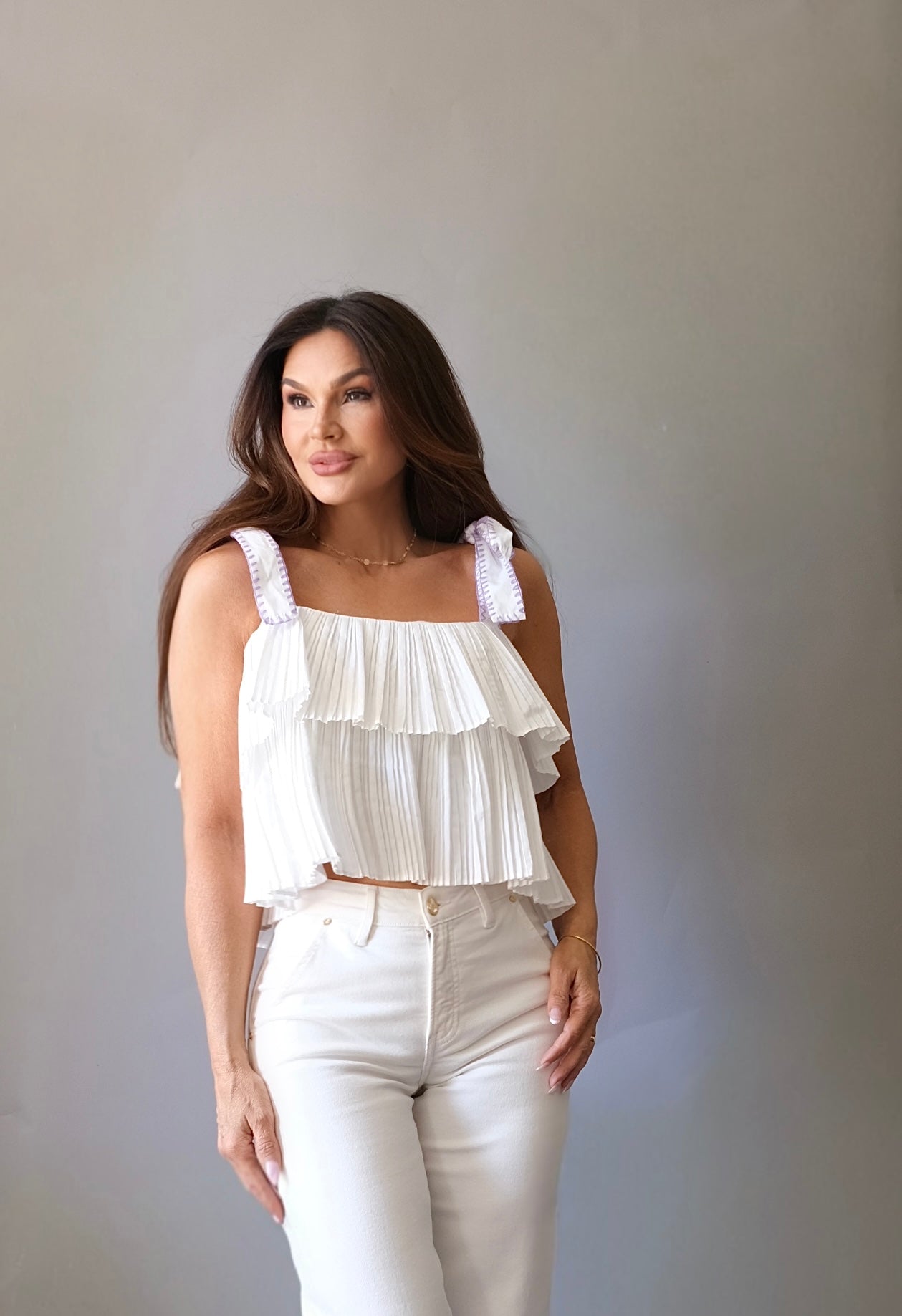 Nashville white pleated tie strap top