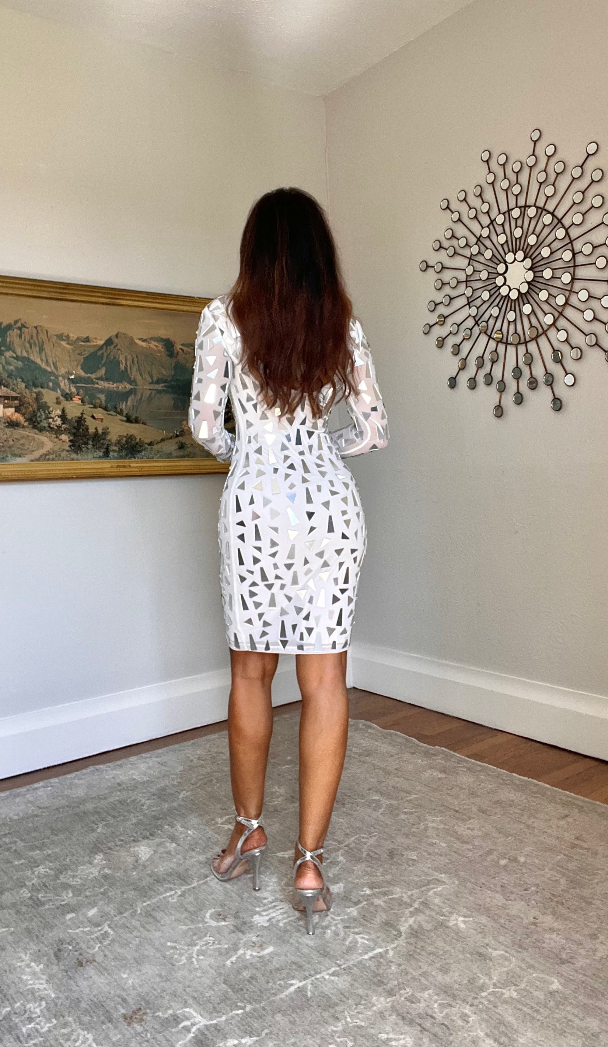 Van Gough White Mirrored Glass Piece Long Sleeve Mini Dress