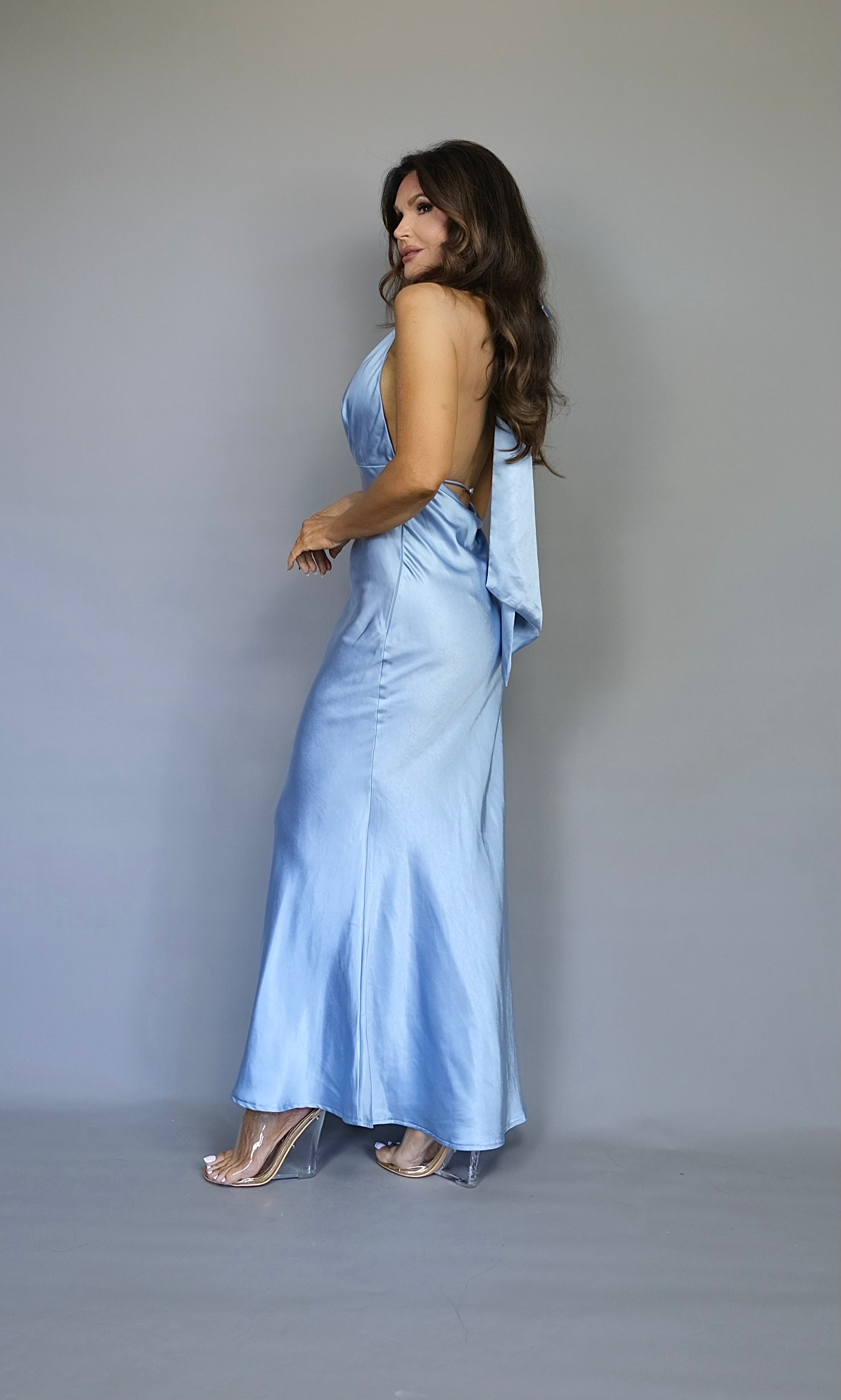 Lou blue satin haltermaxi dress