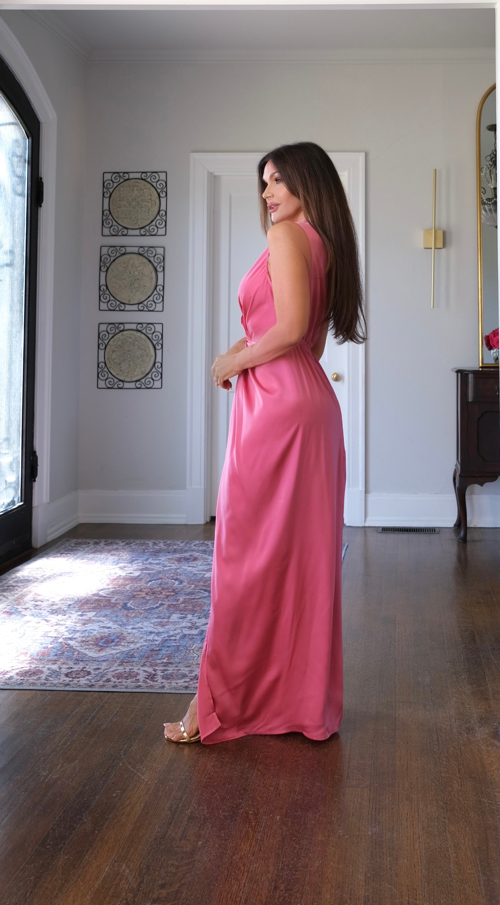 Rebel rose satin knotted v neck maxi dress