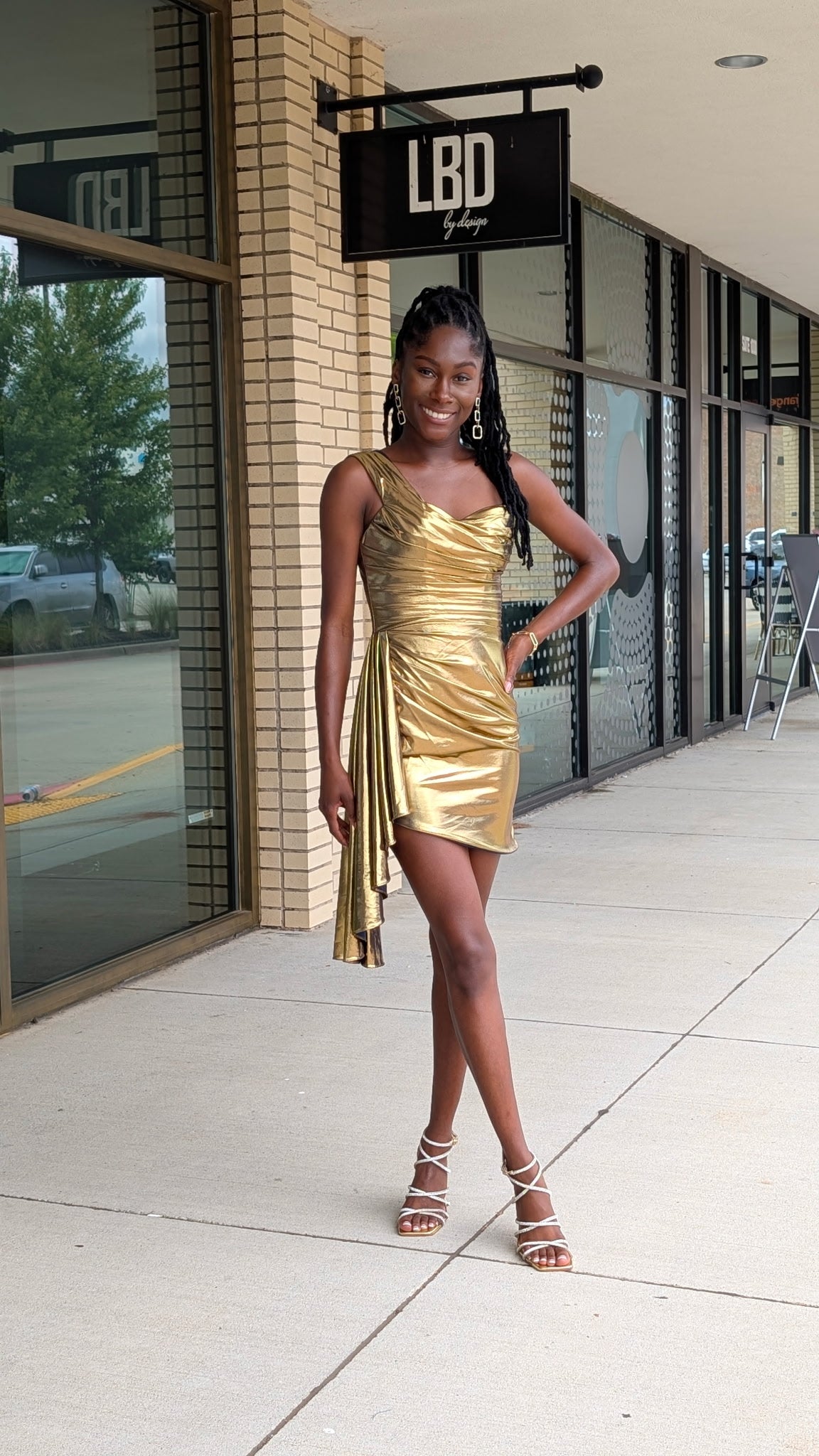 Gigi Gold metallic one shoulder mini dress with drape