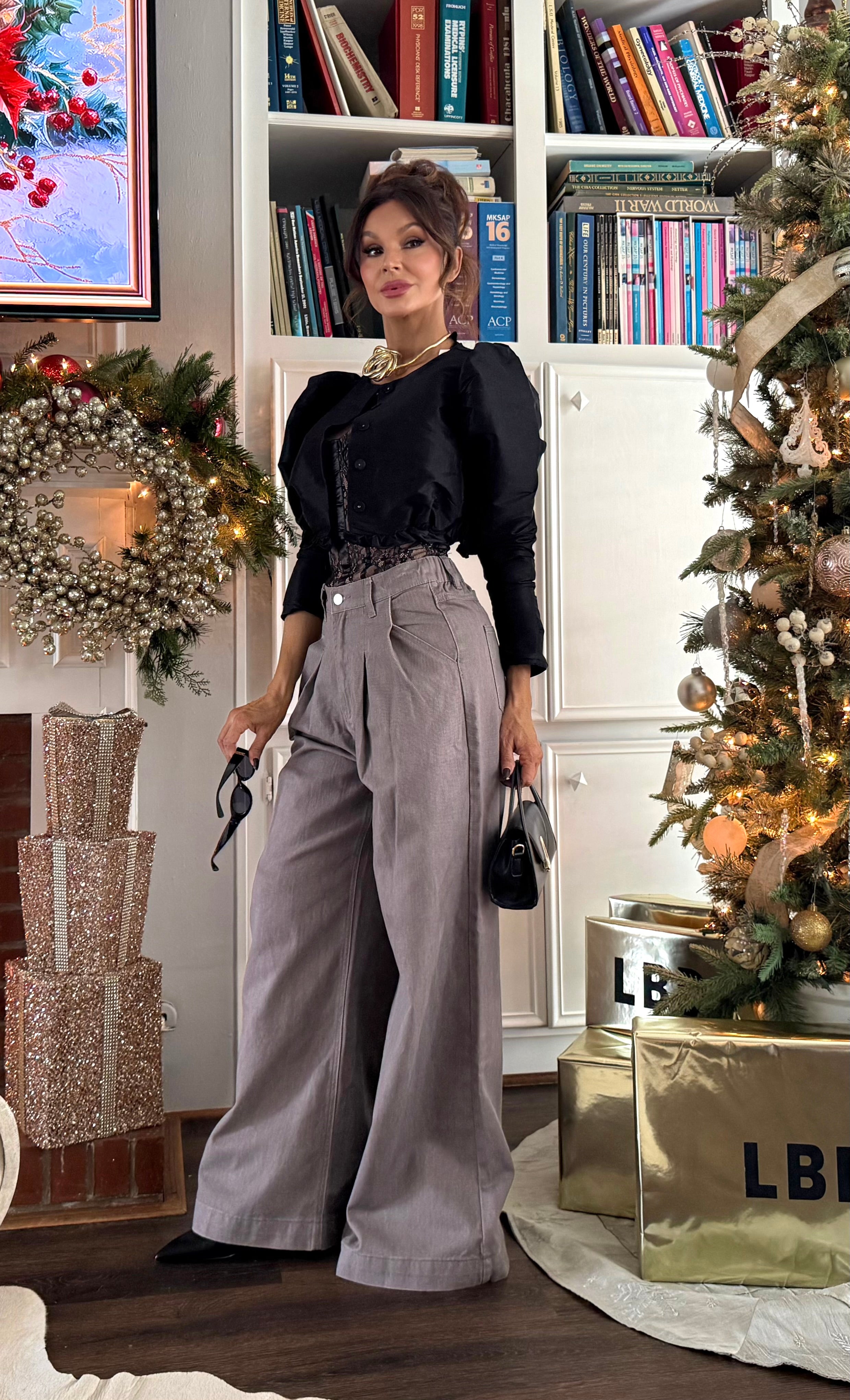 Stanford Light Ash Brown Pleated Wide Leg Denim Jeans