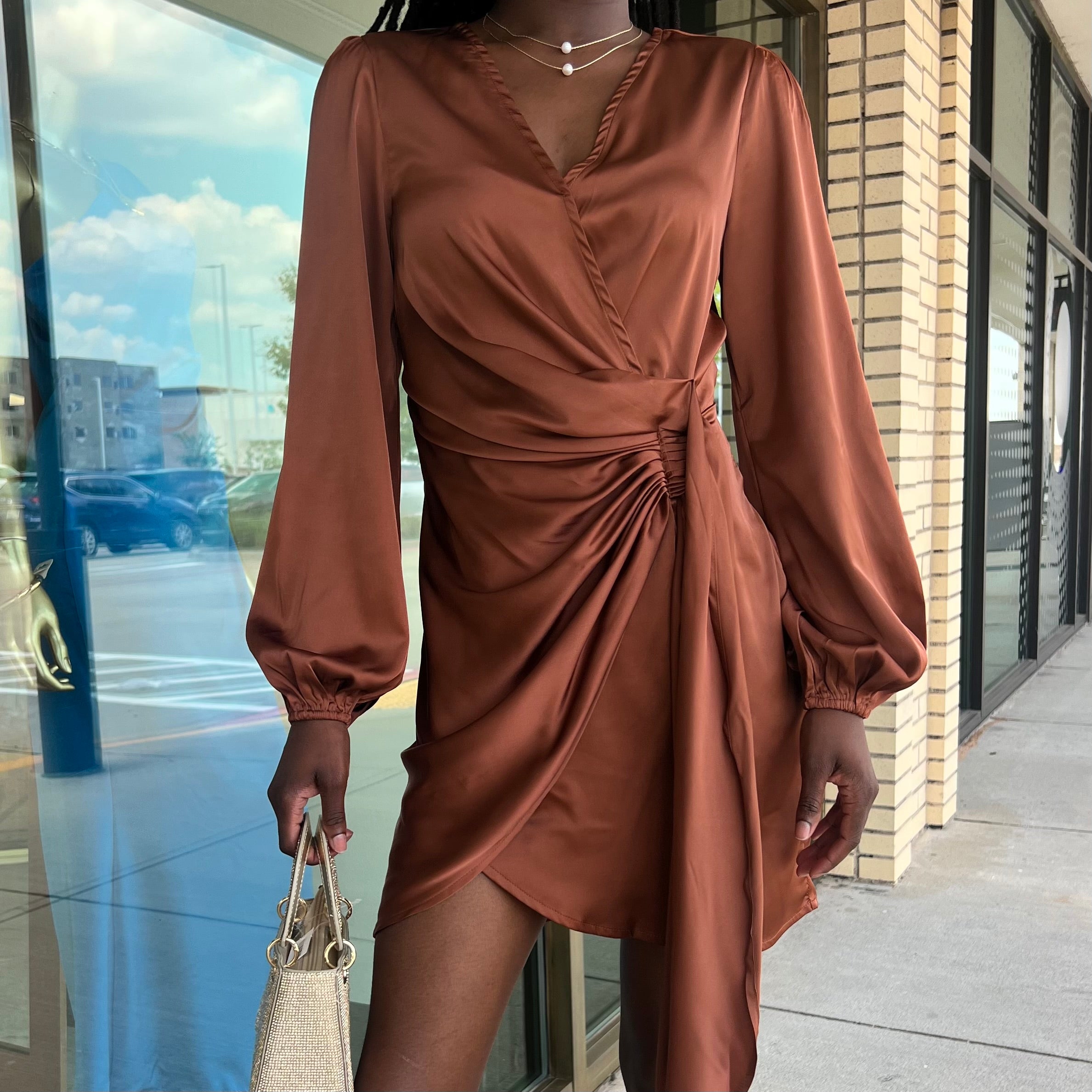 Milli Chocolate Brown Long Sleeve SIde Sash Mini Dress