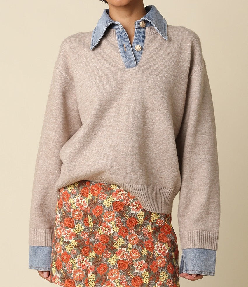Everly Denim Contrast Knit Sweater Top