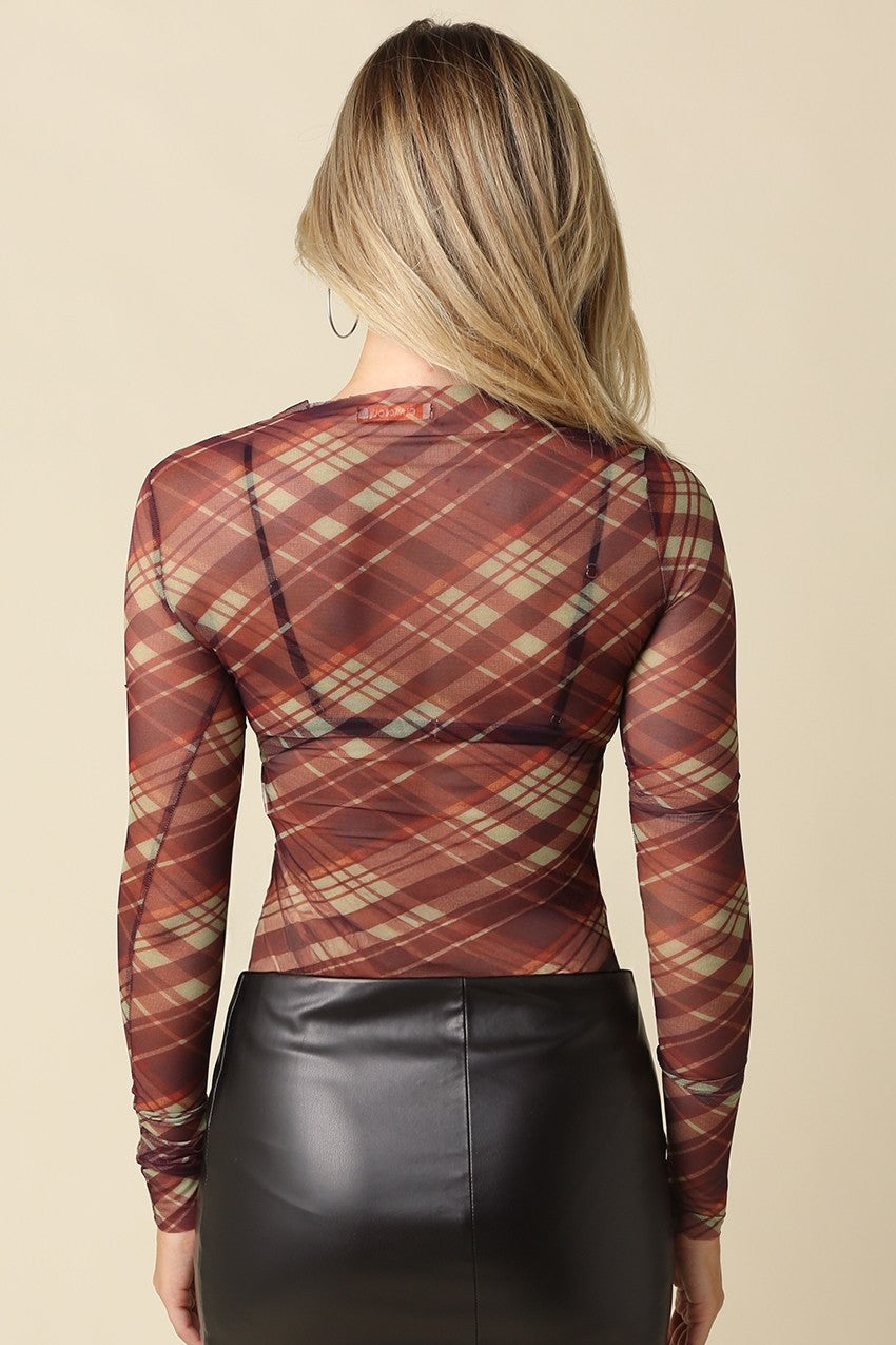 Celine Plaid Mesh Mock Neck Top