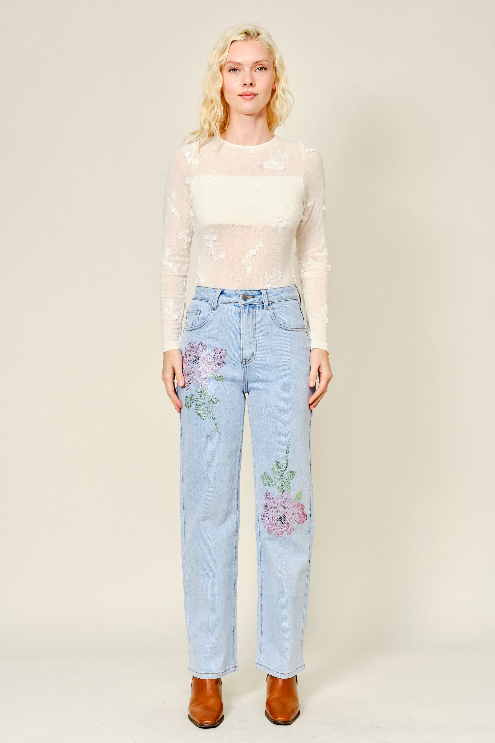 Rosie Light Wash Floral Rhinestone Straight Leg Jeans