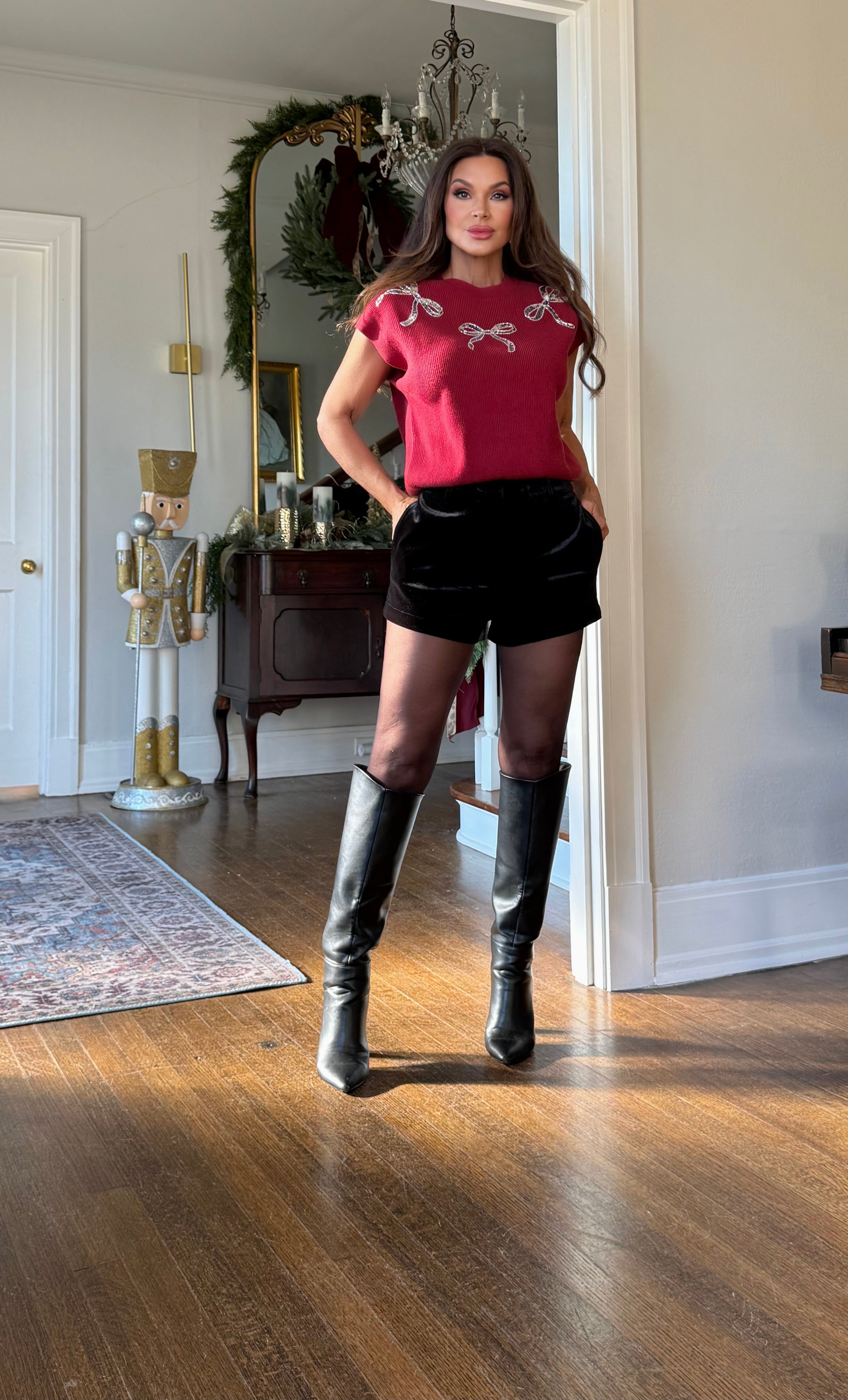 Sarah Wine Cap Sleeve Sequin Bow Sweater