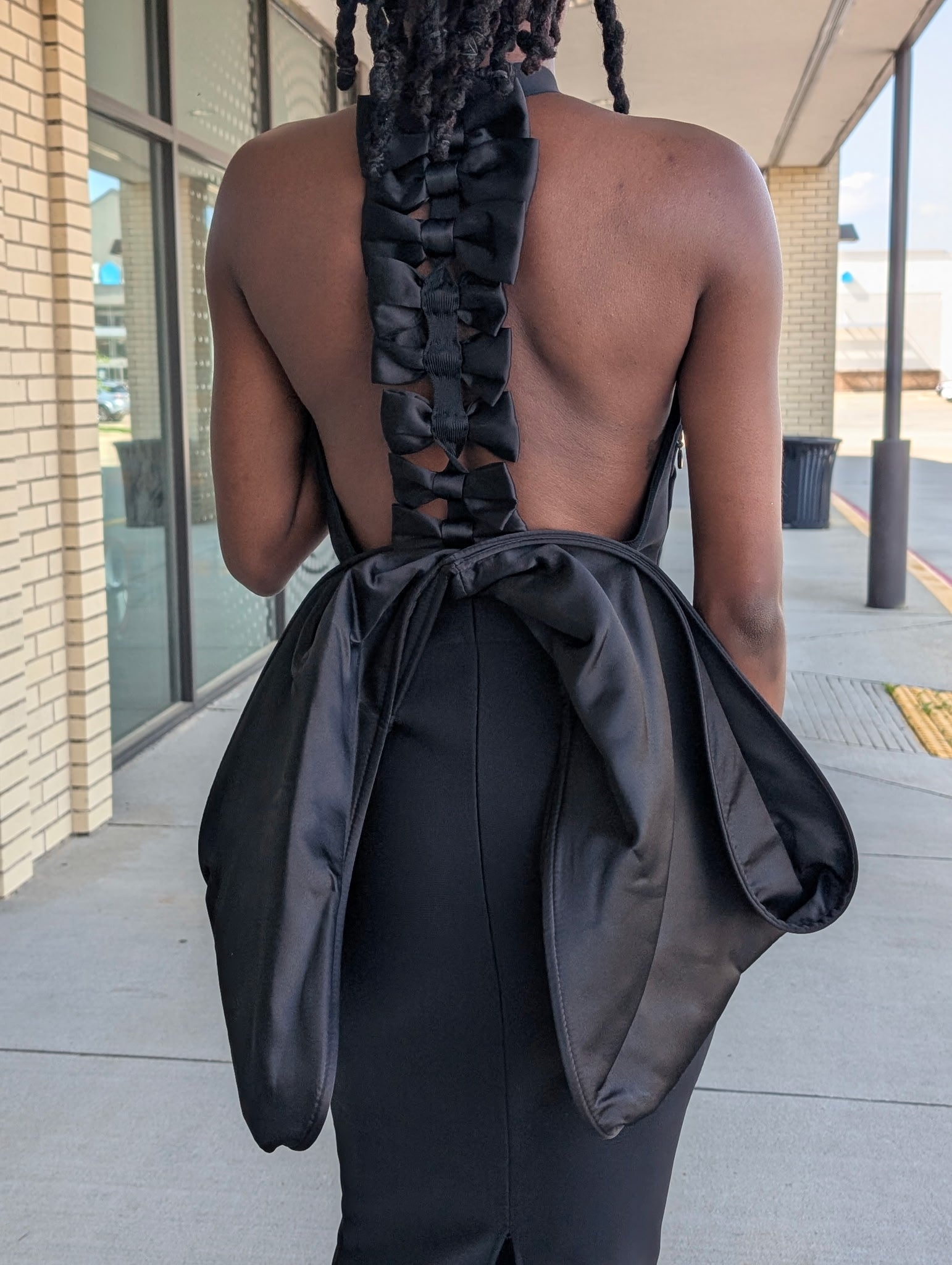 Bunny black backless bandage maxi with cascading bows
