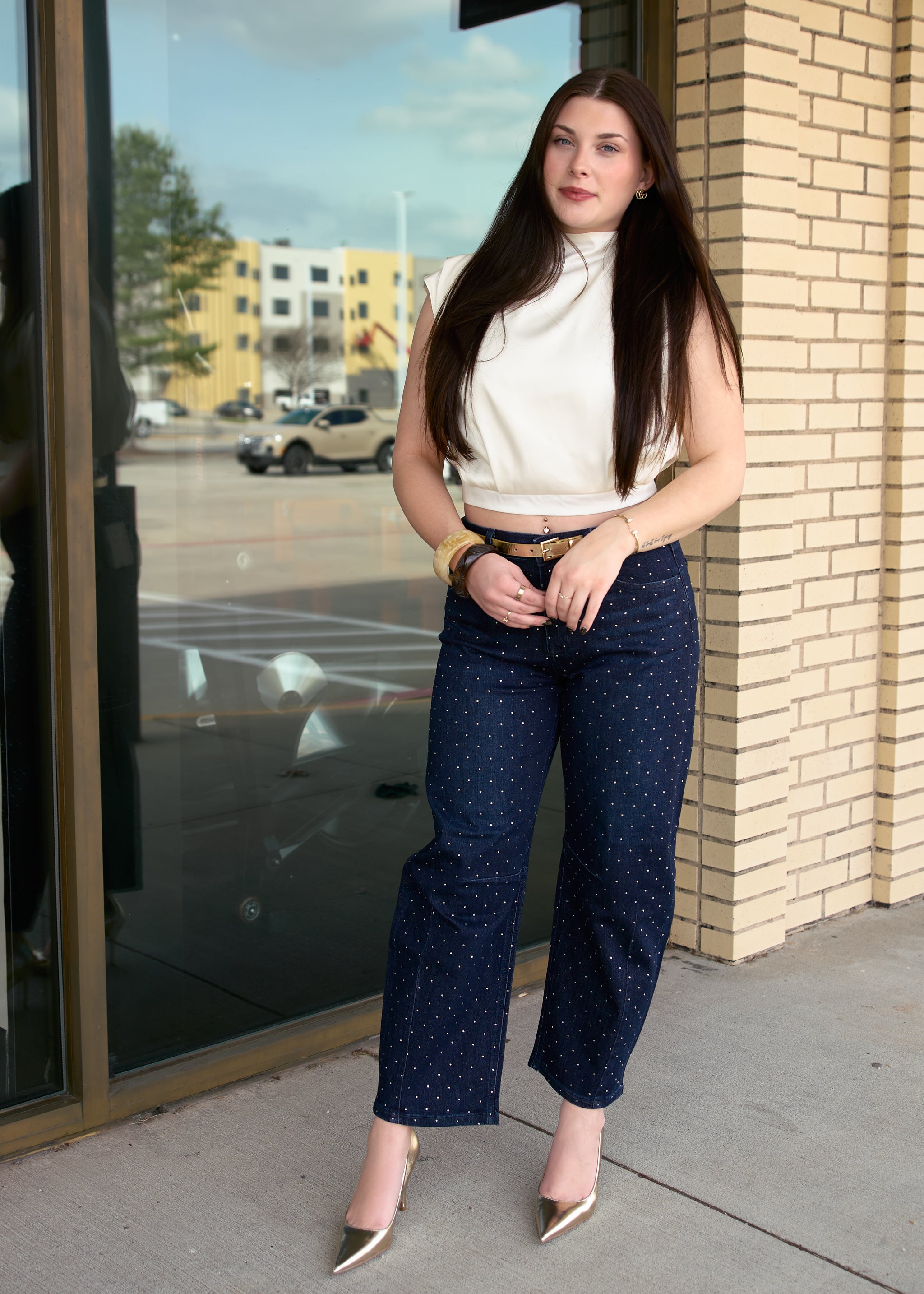 Loni Dark Wash Barrel Jean with Rhinestones