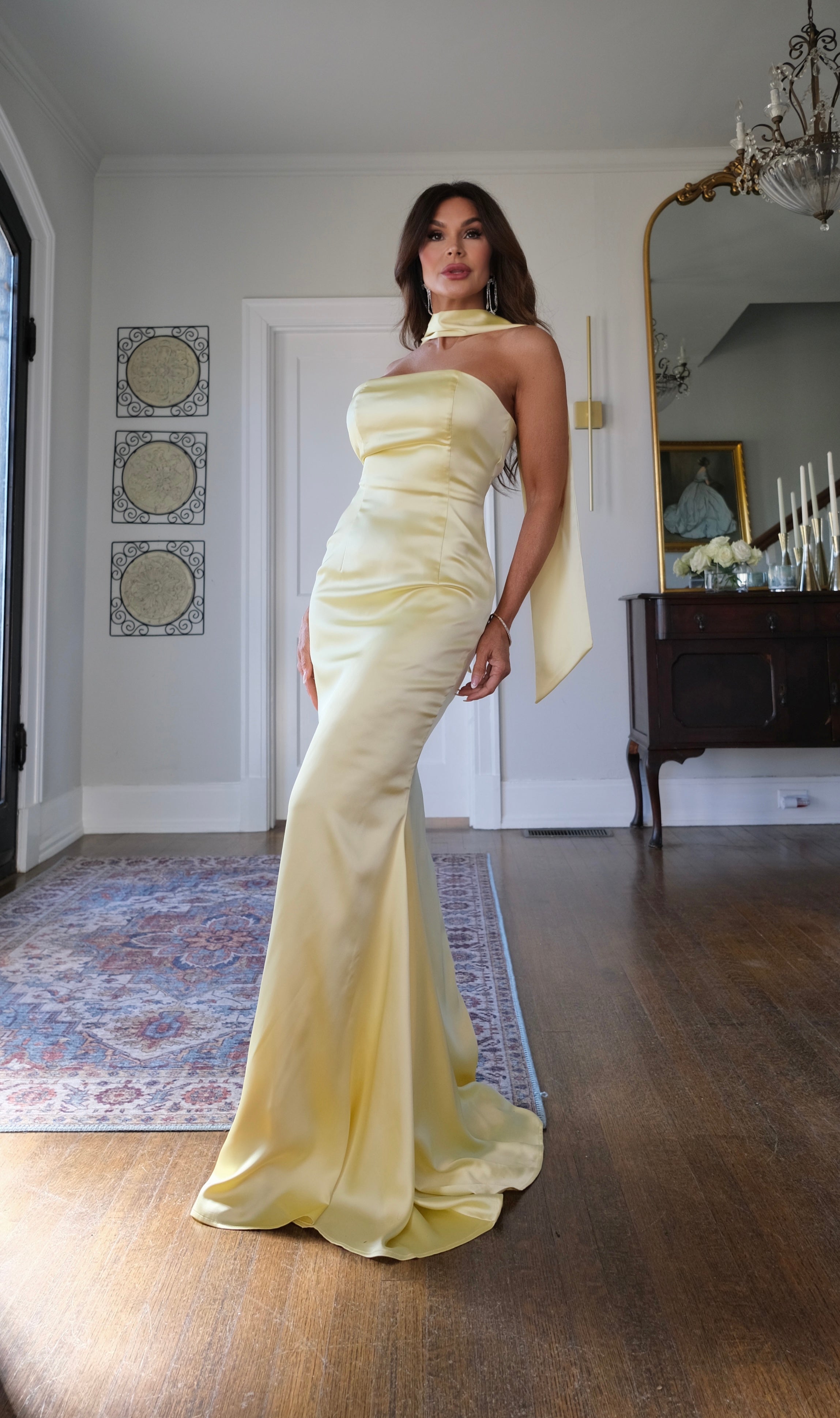 Kathryn pale yellow satin gown with neck drape