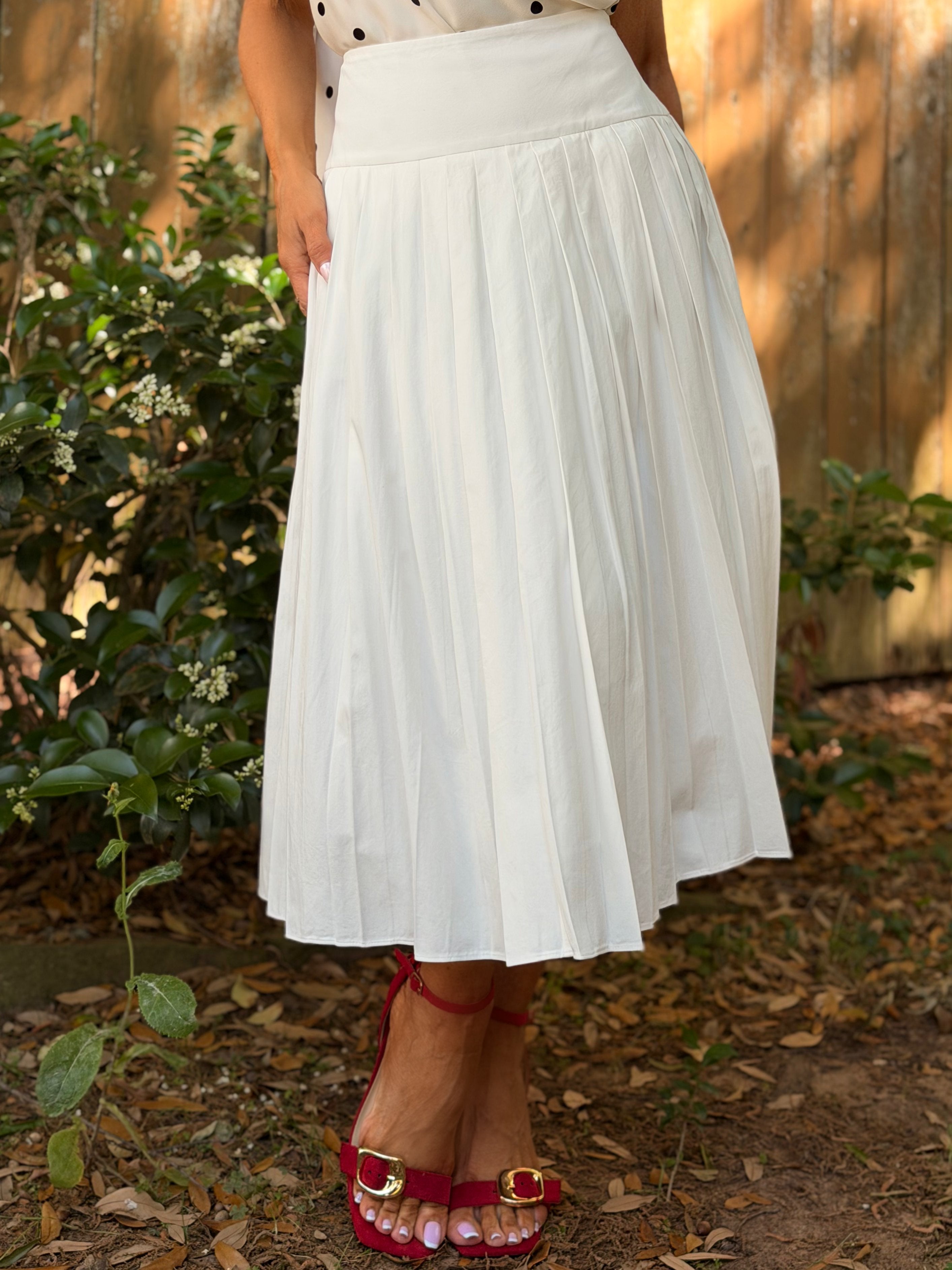 Elaine White Pleated Midi Skirt