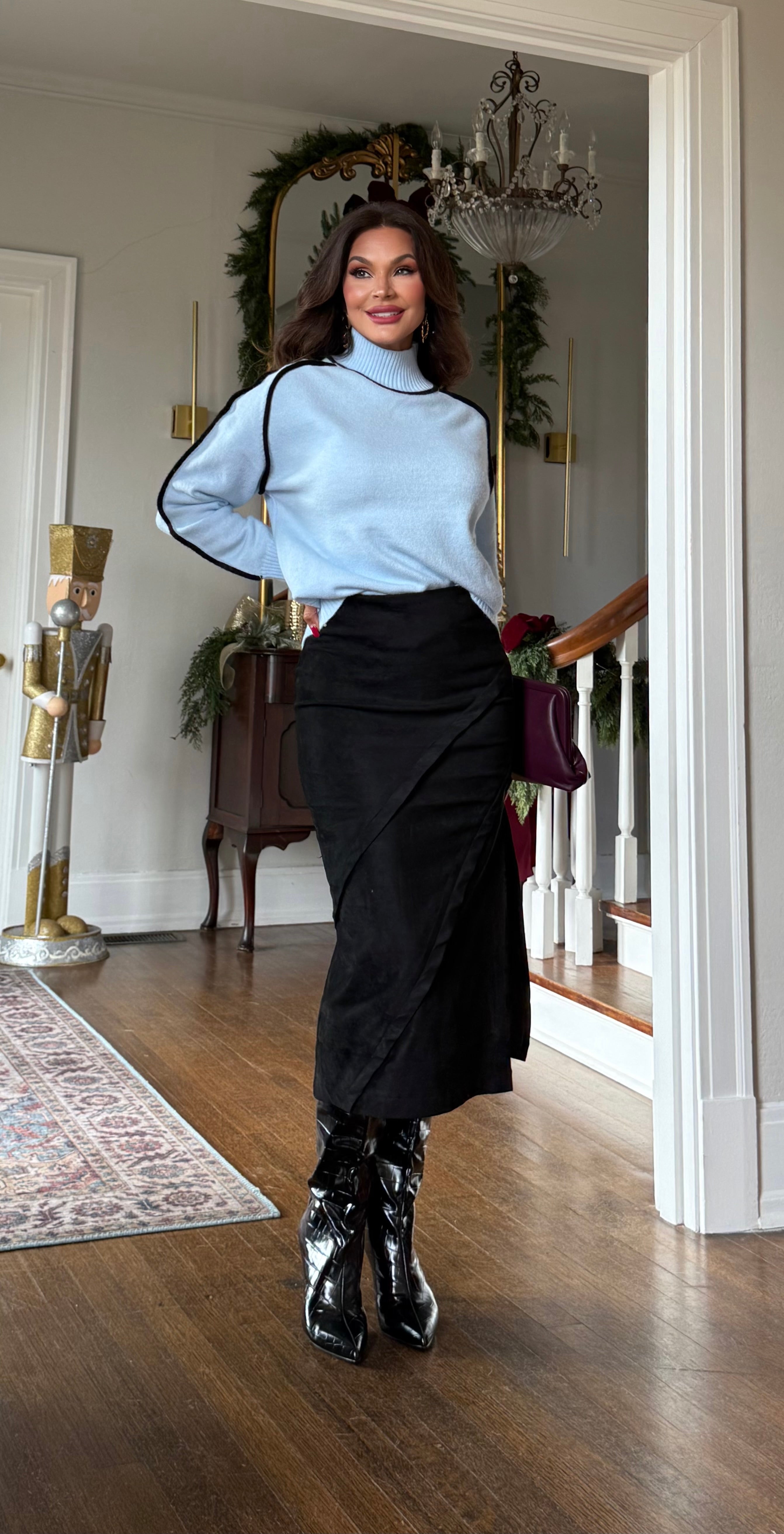 Malia Light Blue Turtleneck Sweater With Black Trim