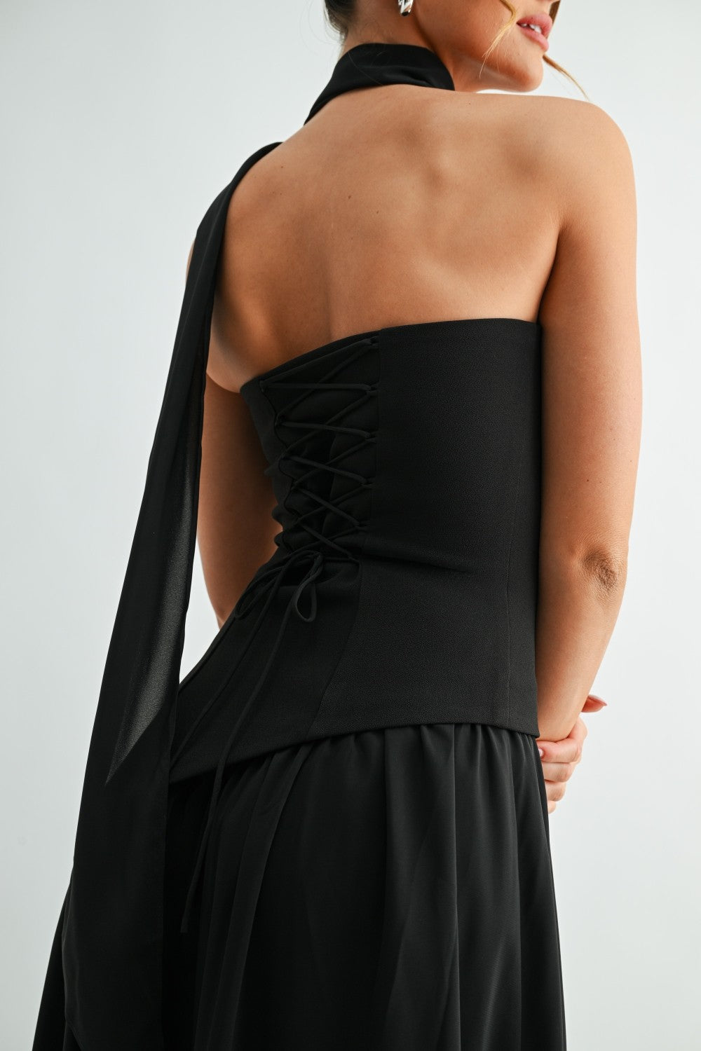 Esmeralda Black Strapless Maxi Dress With Neck Sash