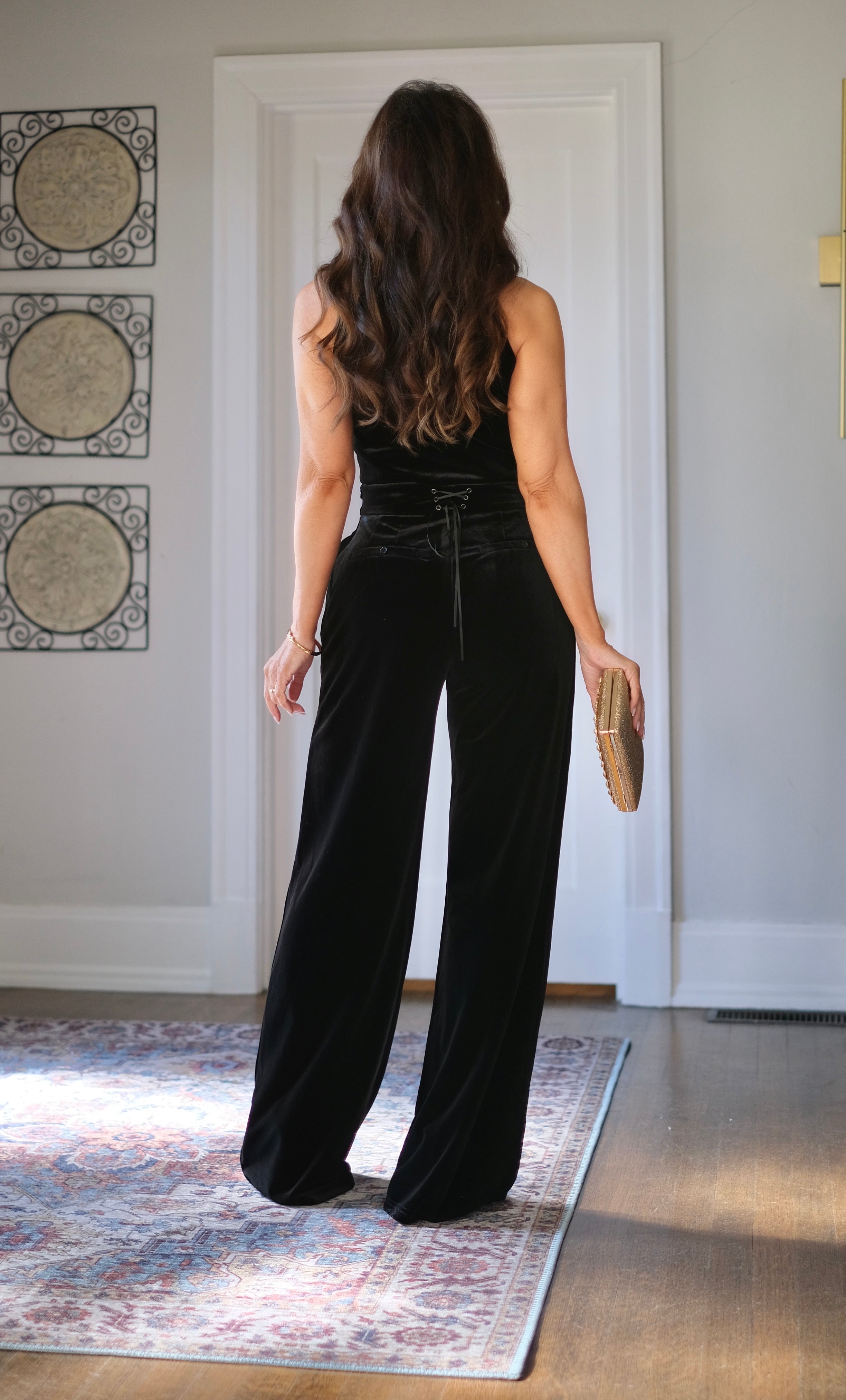 Velvetine Black Velvet Crop Top with Collar and Gold Buttons