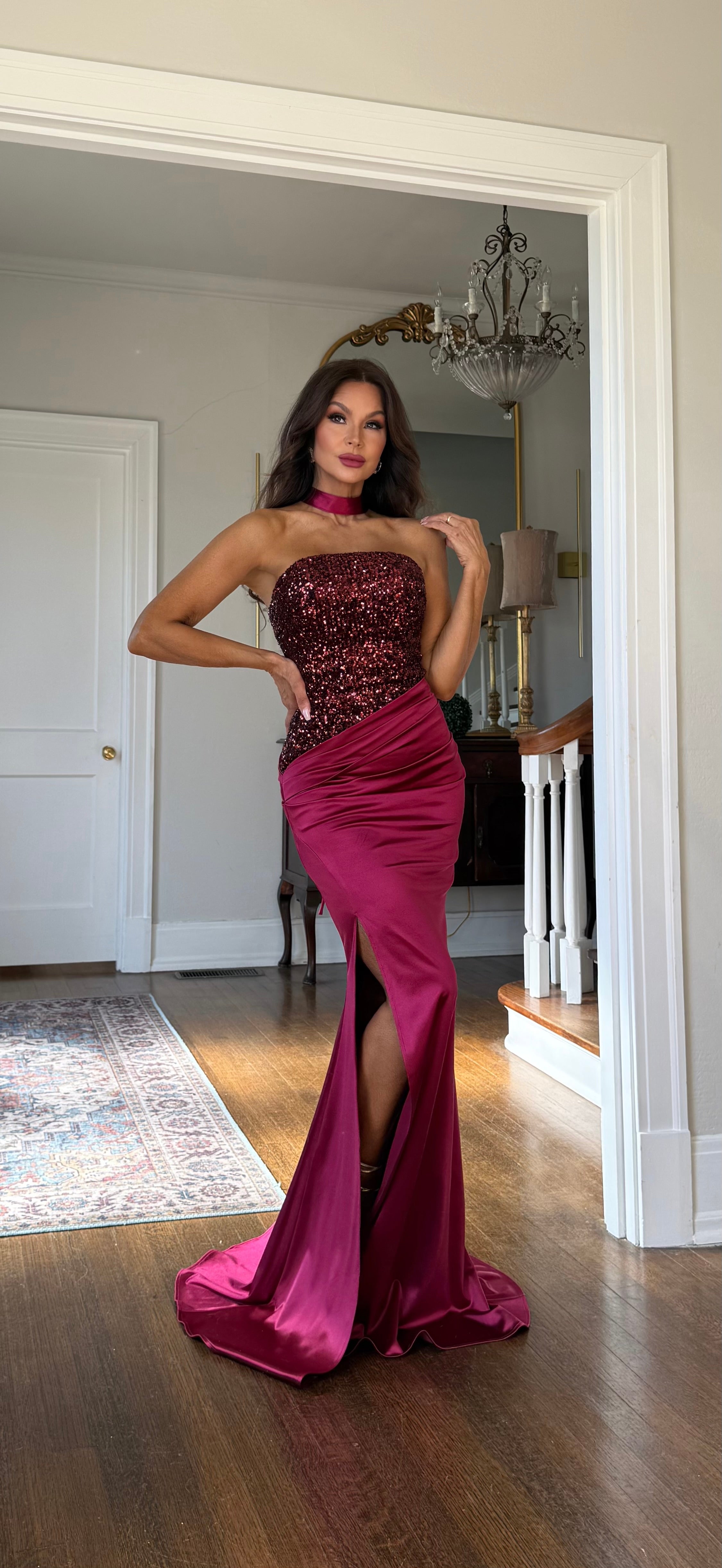 Reign burgundy sequin bodice lace up satin formal