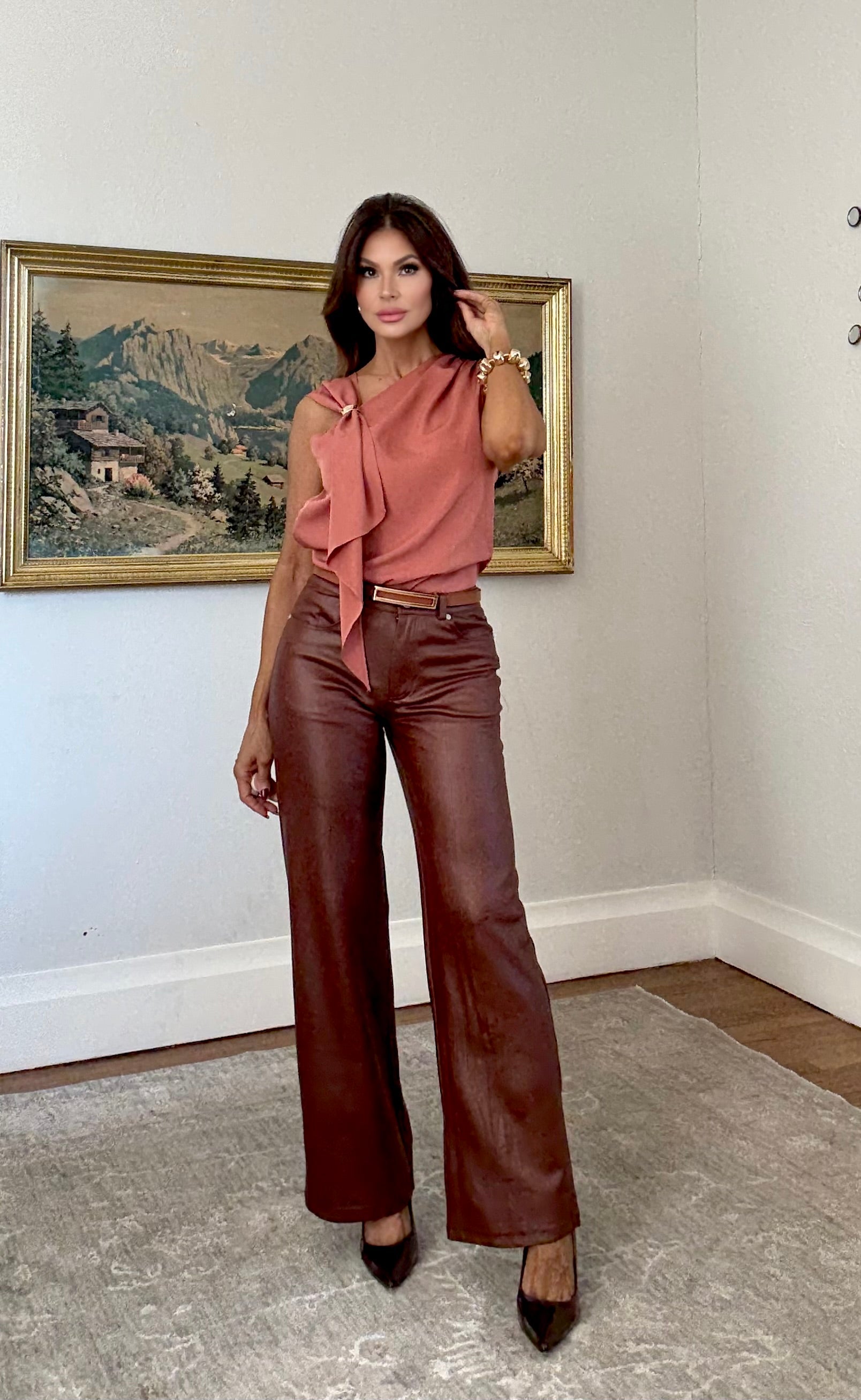 Sandy Light Brown Low Rise Vegan Leather Pants