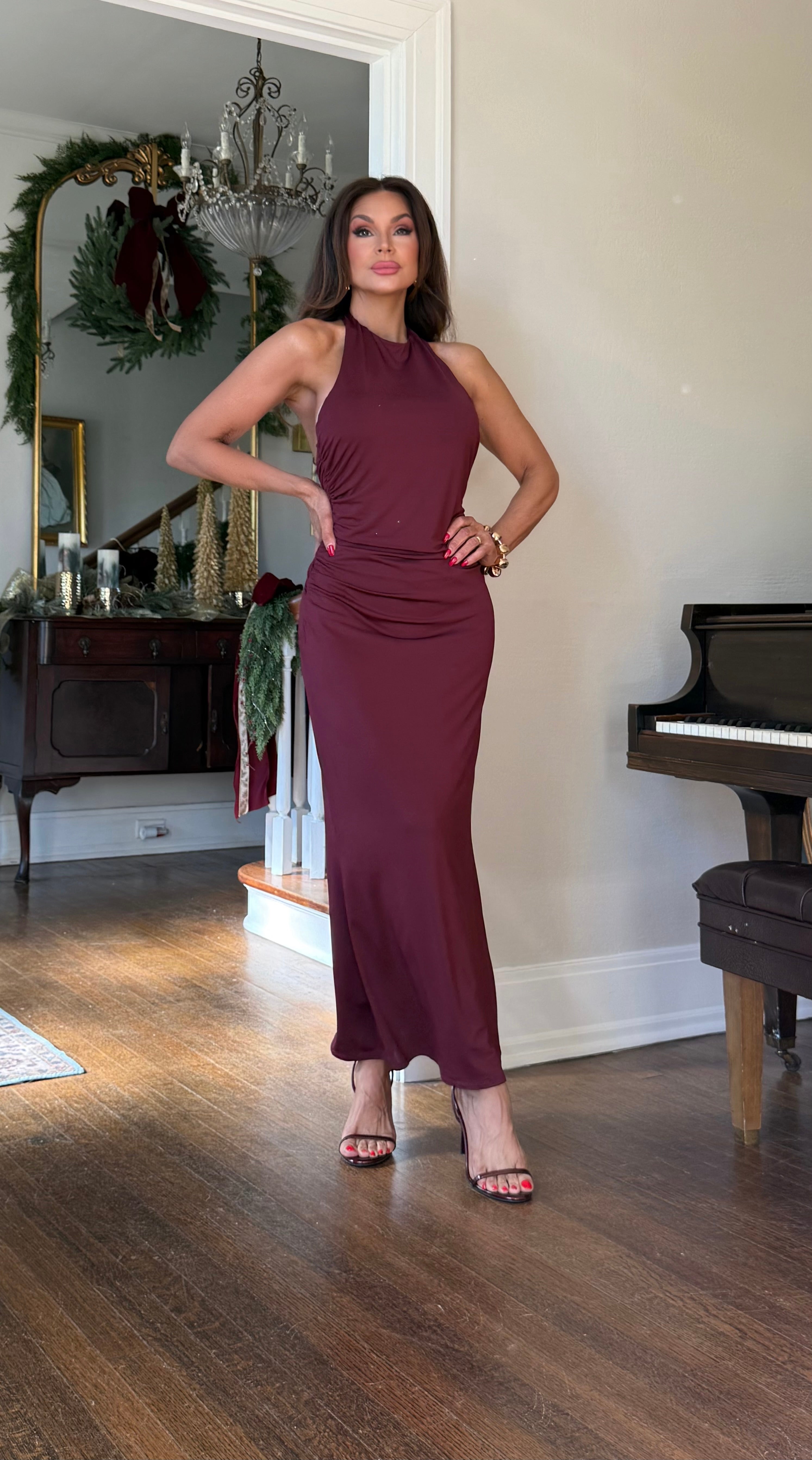 Bella Burgundy Halter Neck Side Ruche Midi Dress
