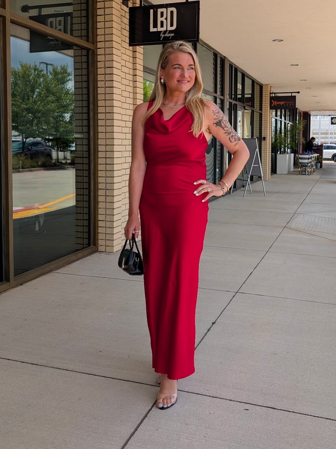 Alice Red Satin Drape Neck Midi Dress