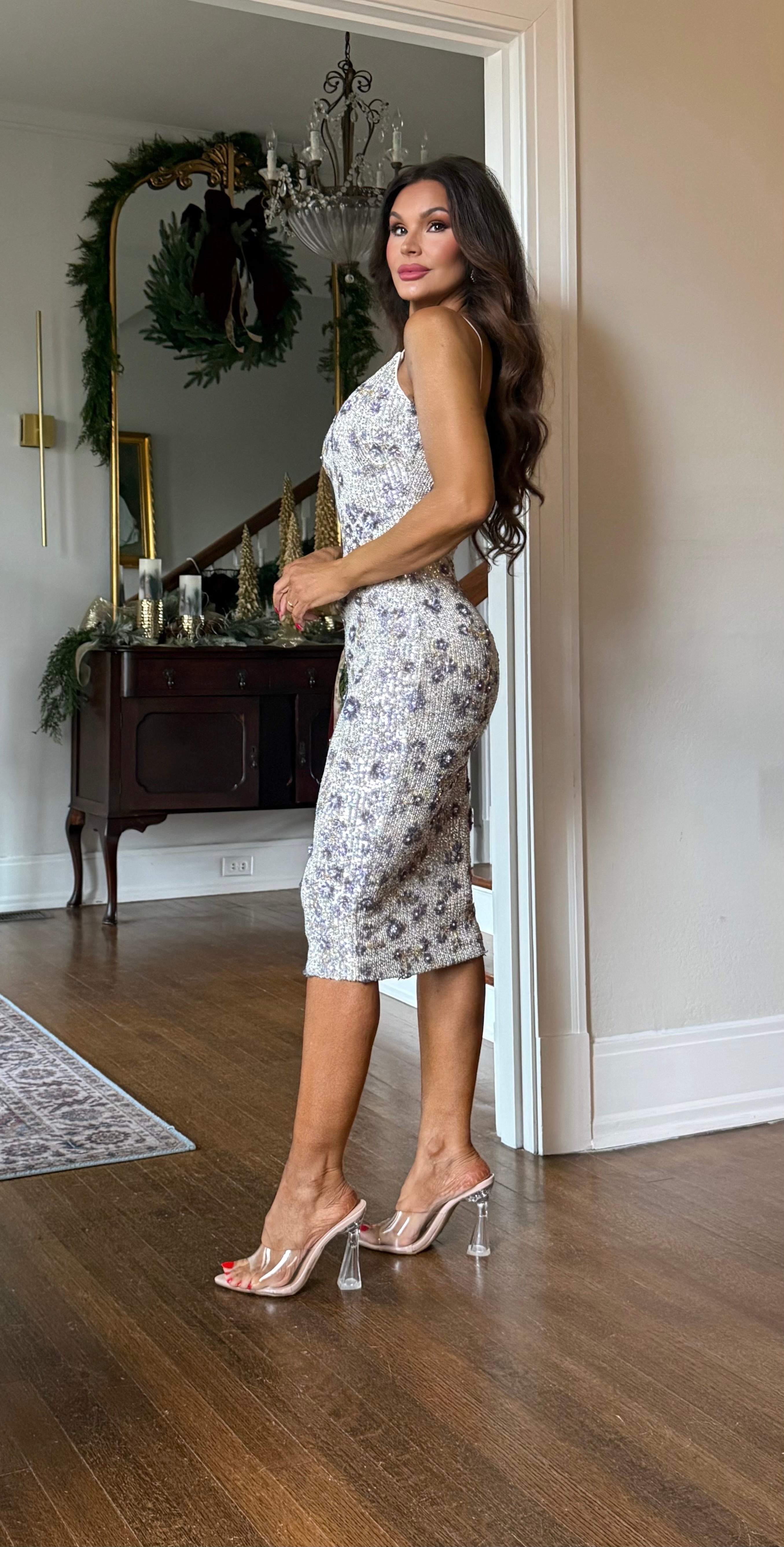 Samantha Champagne Sequin Midi With Purple Floral Detail