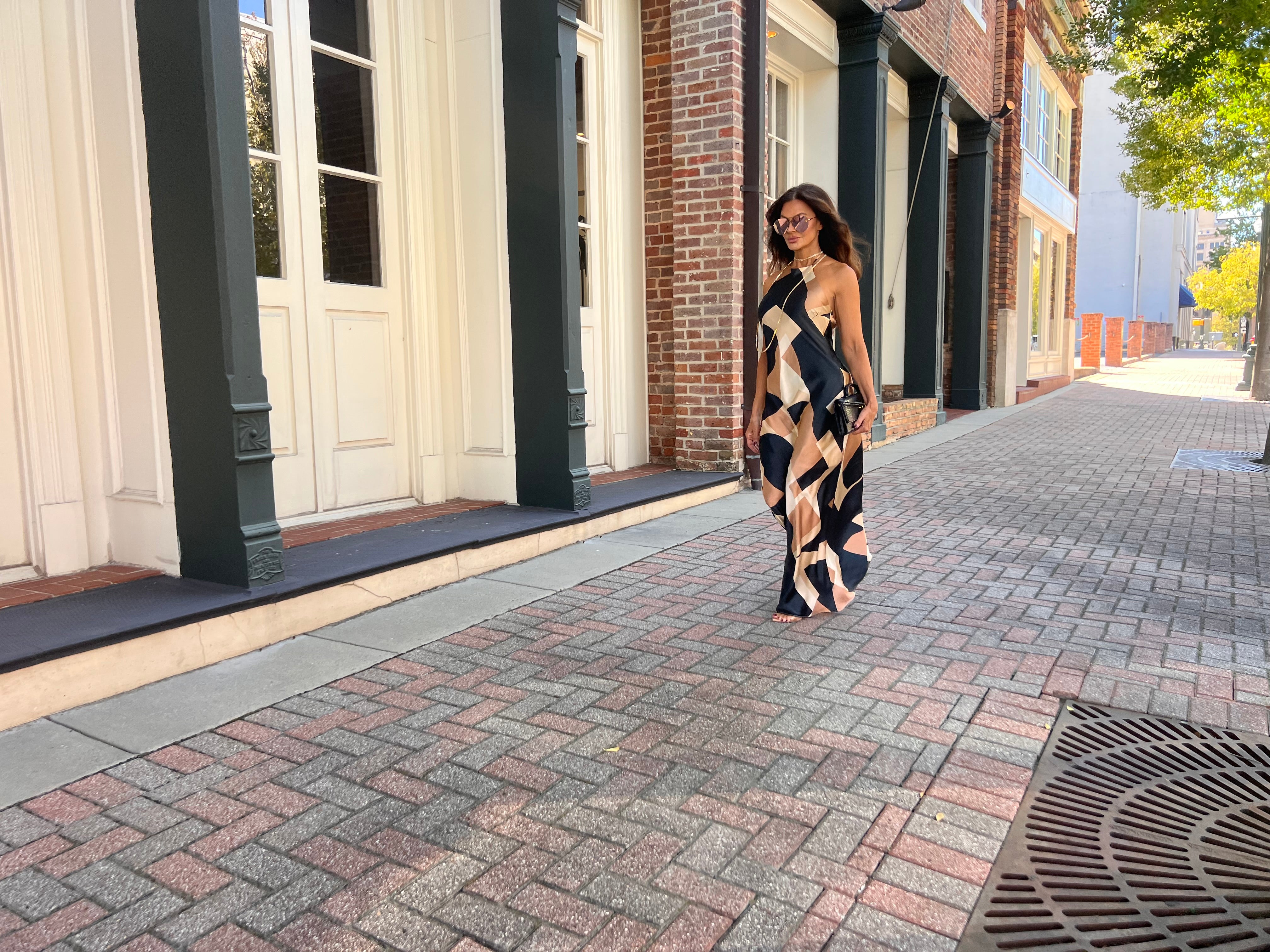 Paula Geo Satin Print Halter Midi Dress