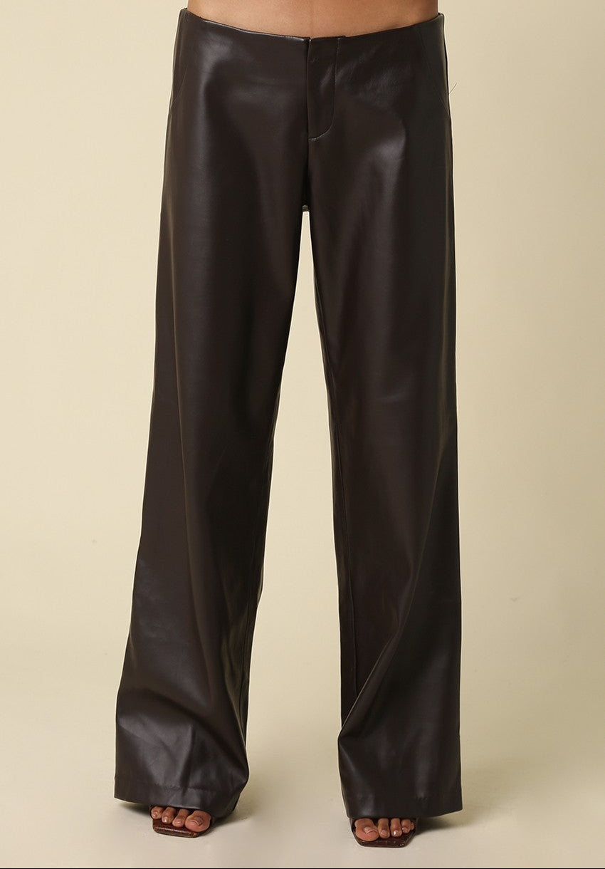 Cora Chocolate Brown Faux Leather Low Rise Wide Leg Pants