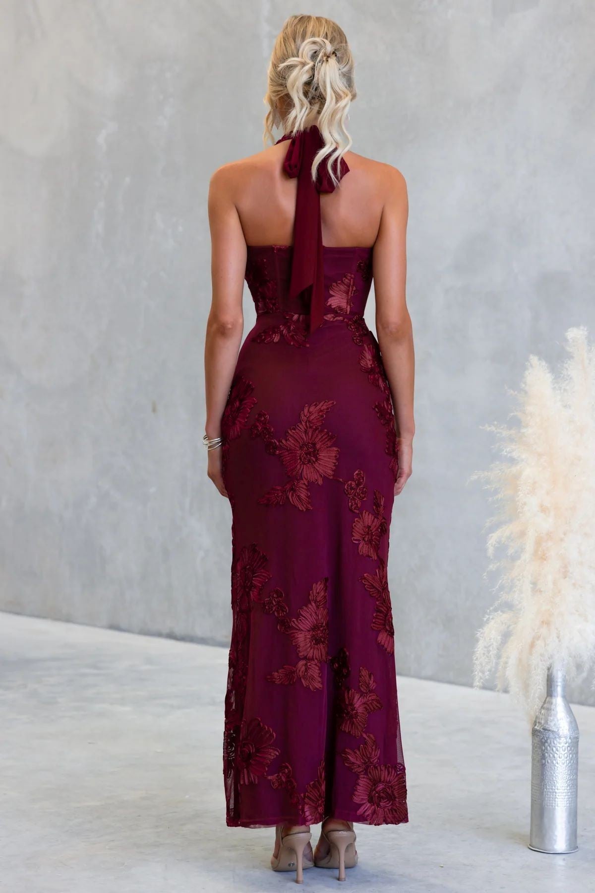 Quinn Wine Sleeveless Floral High Neck Midi Dress