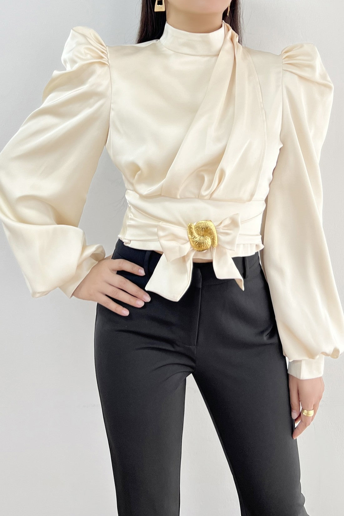 Vivian Cream High Neck Satin Blouse With Gold Buckle