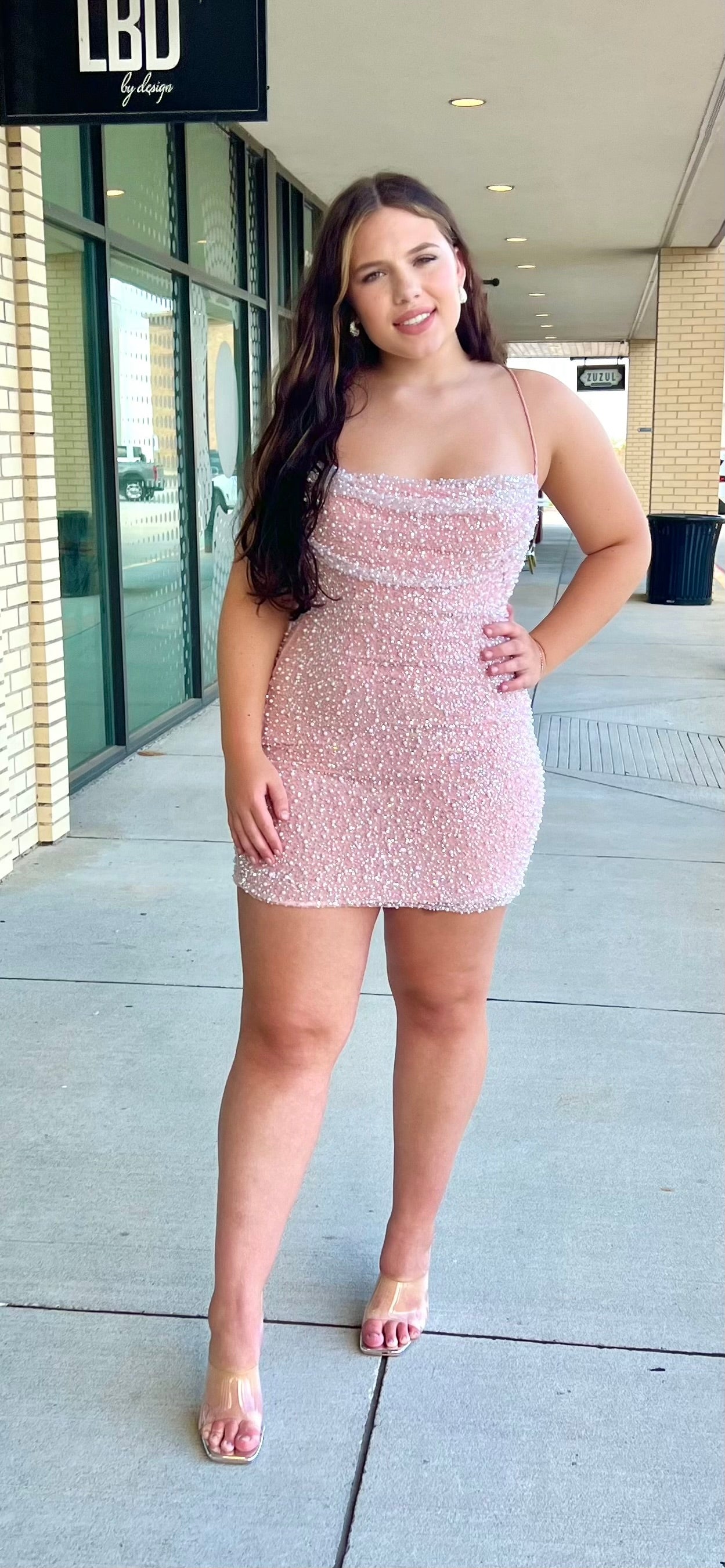 Kenna baby pink halter strap mesh beaded mini