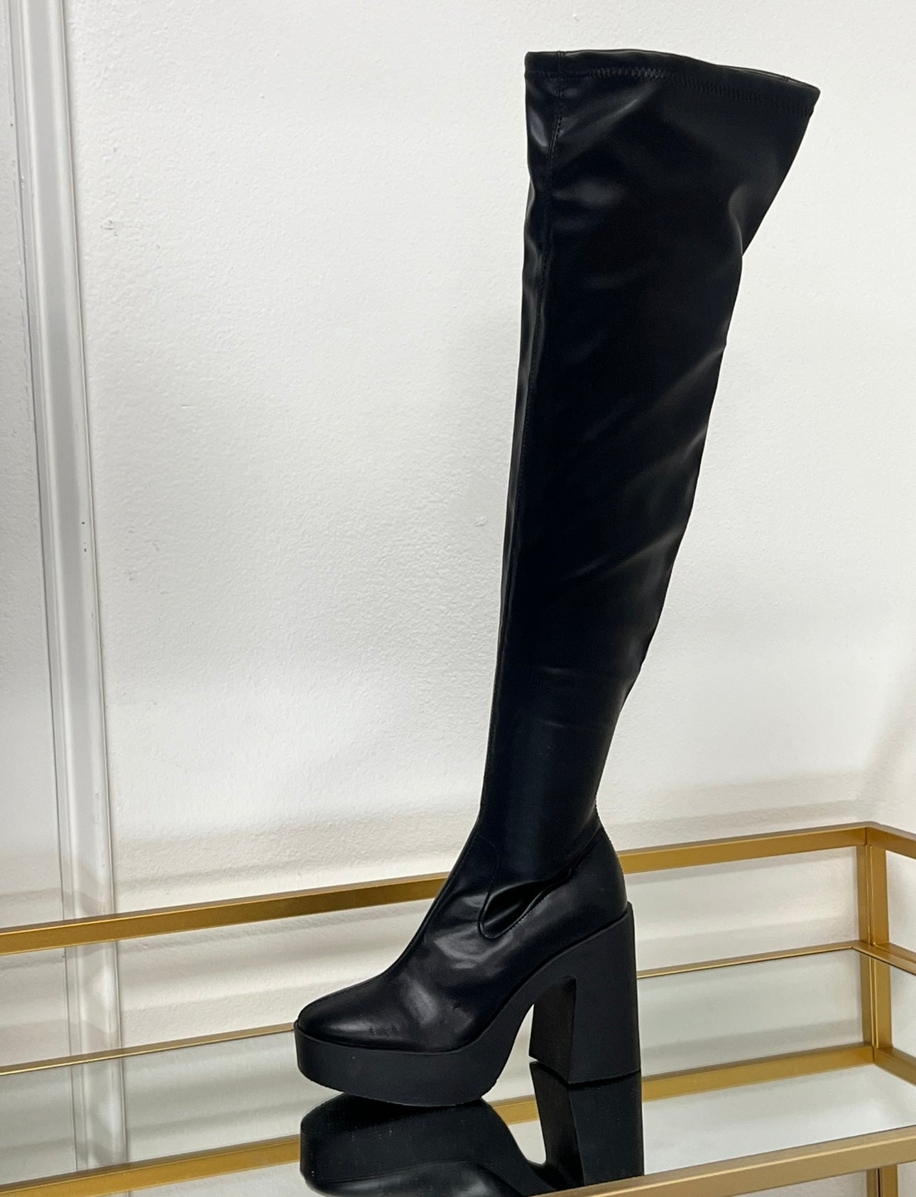 Moon Ride Black Chunky Heel Thigh High Boot