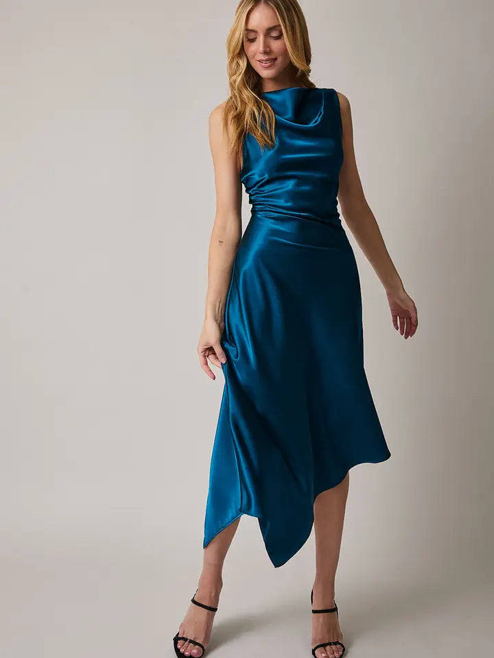 Gabby Teal Cowl Neck Satin Midi Dress