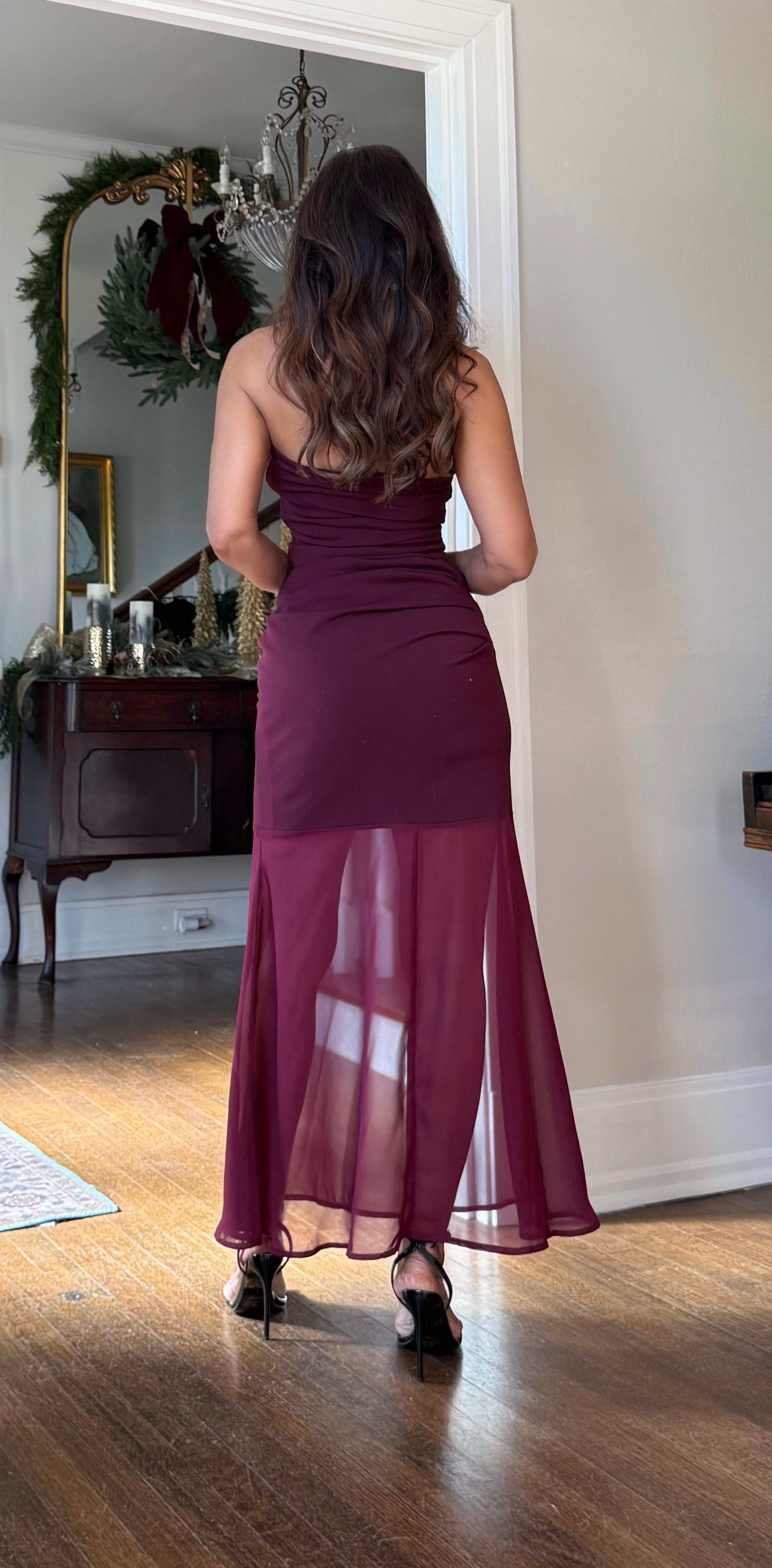 Cora Burgundy Strapless Midi Dress With Shear Bottom