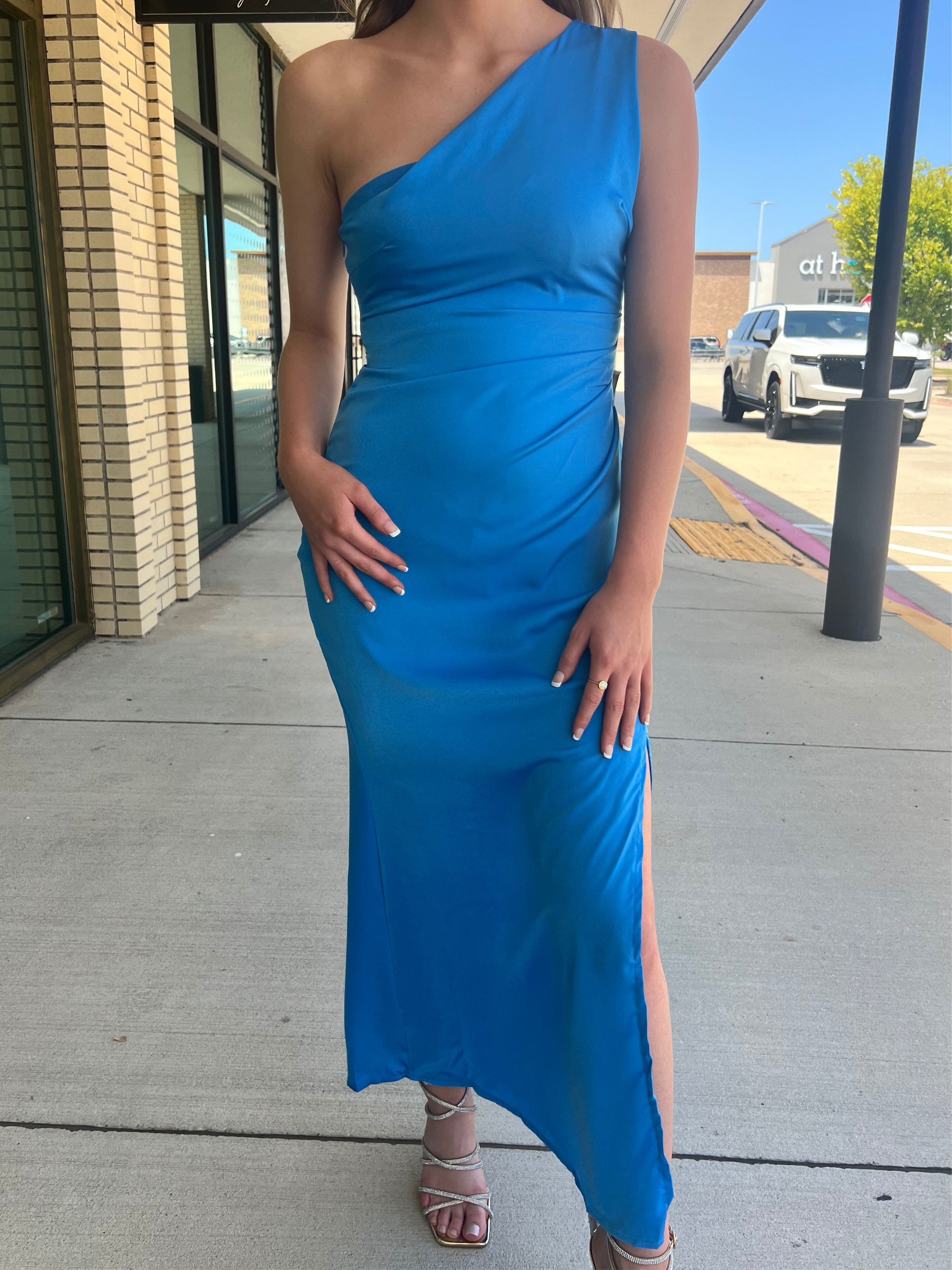Amelia Electric Blue One Shoulder Ruched Waist Midi With Side Slit