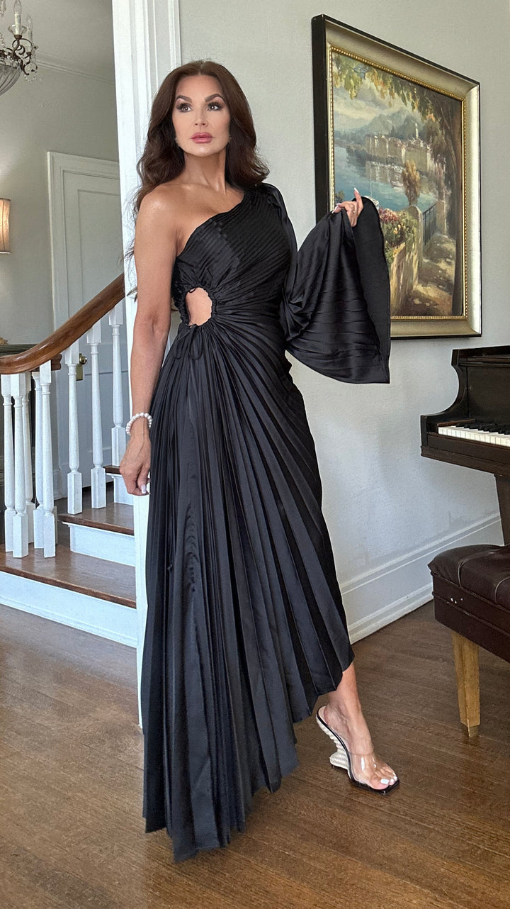 Liane black pleated asymmetrical one sleeved maxi dress with cut out