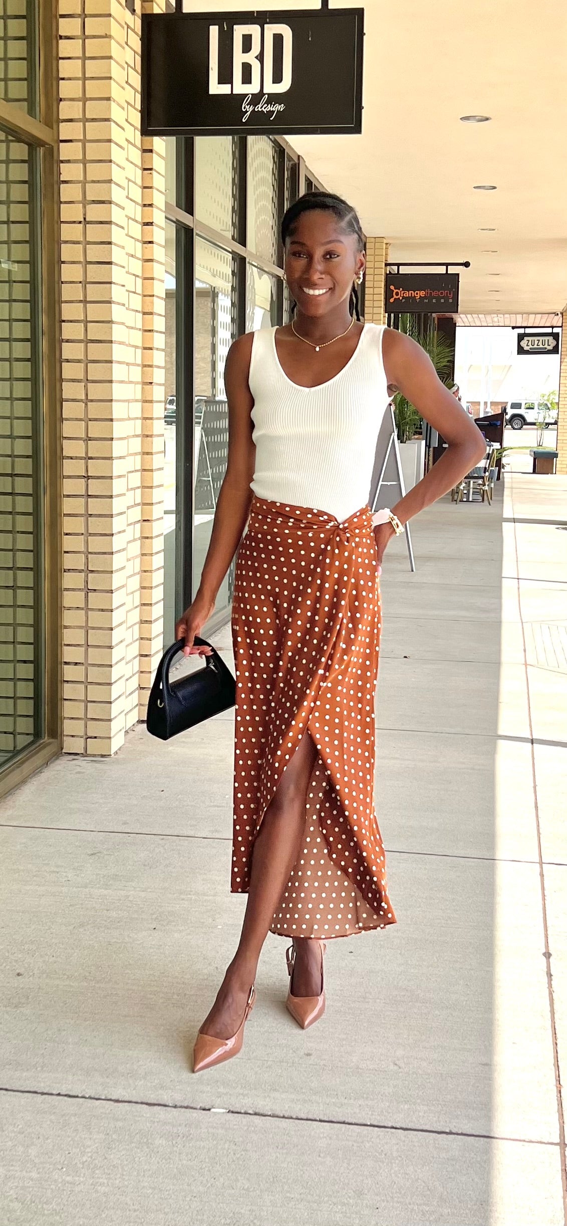 Coffee mocha polka dot midi skirt