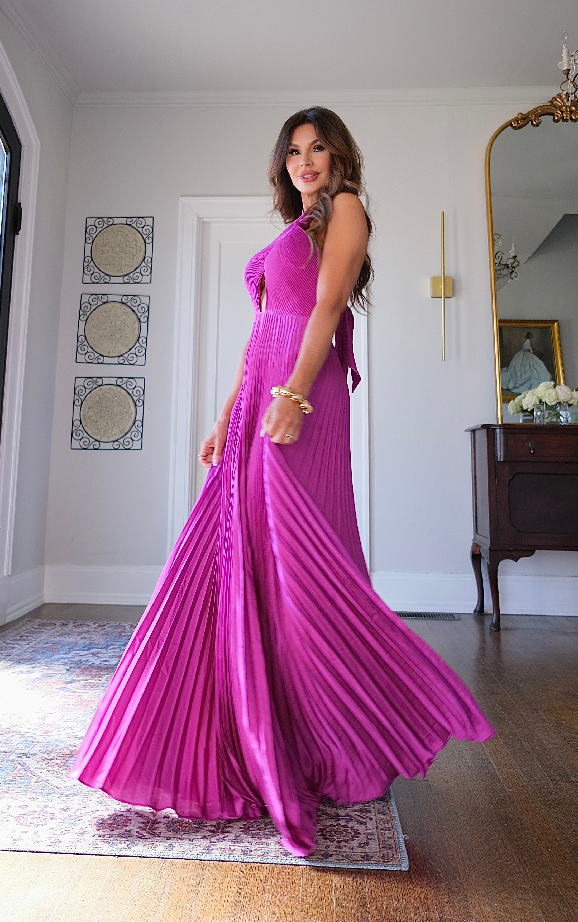 Polly magenta pleated cross over Maxi dress