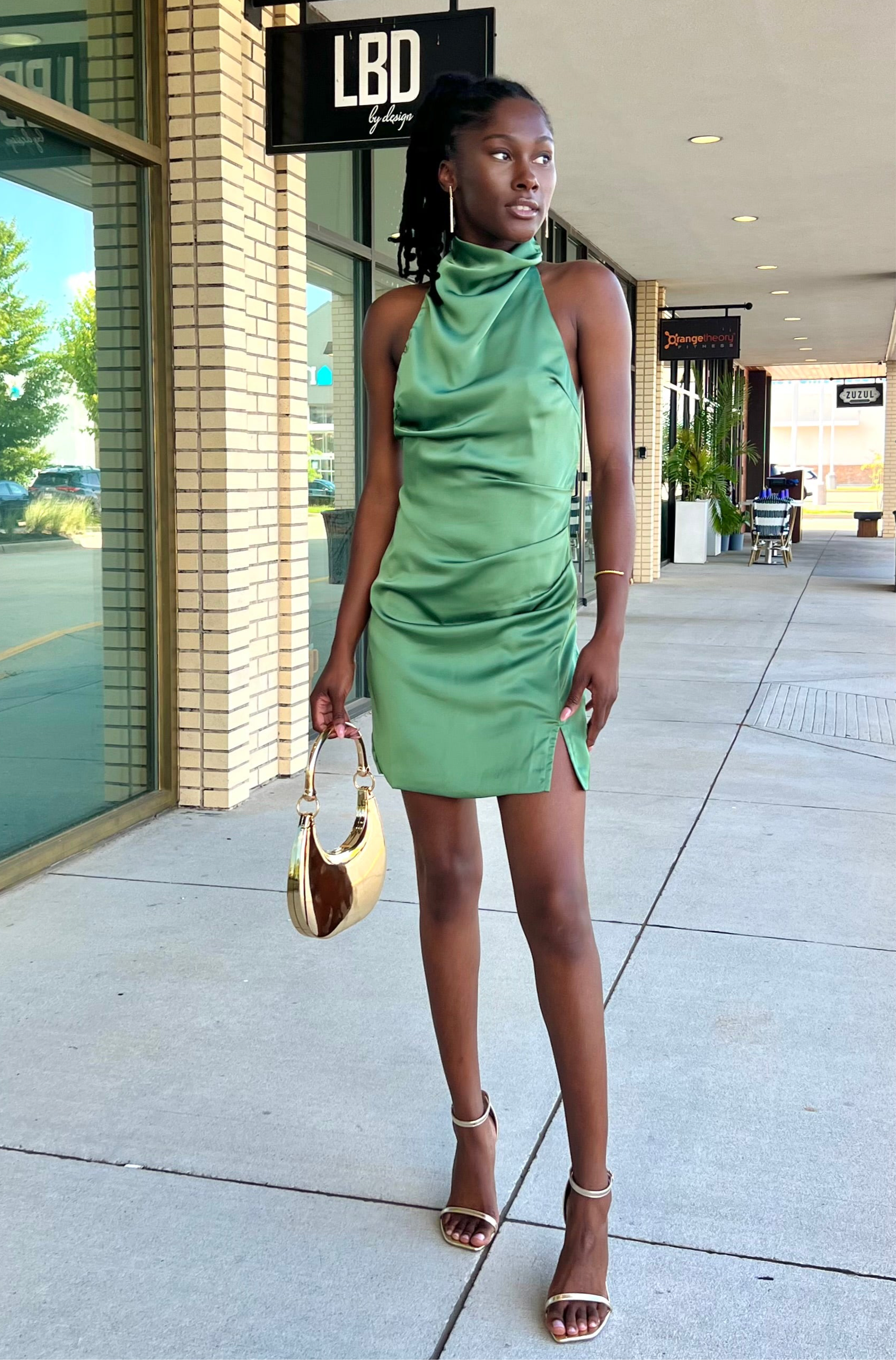 Milan sage satin ruched halter mini dress
