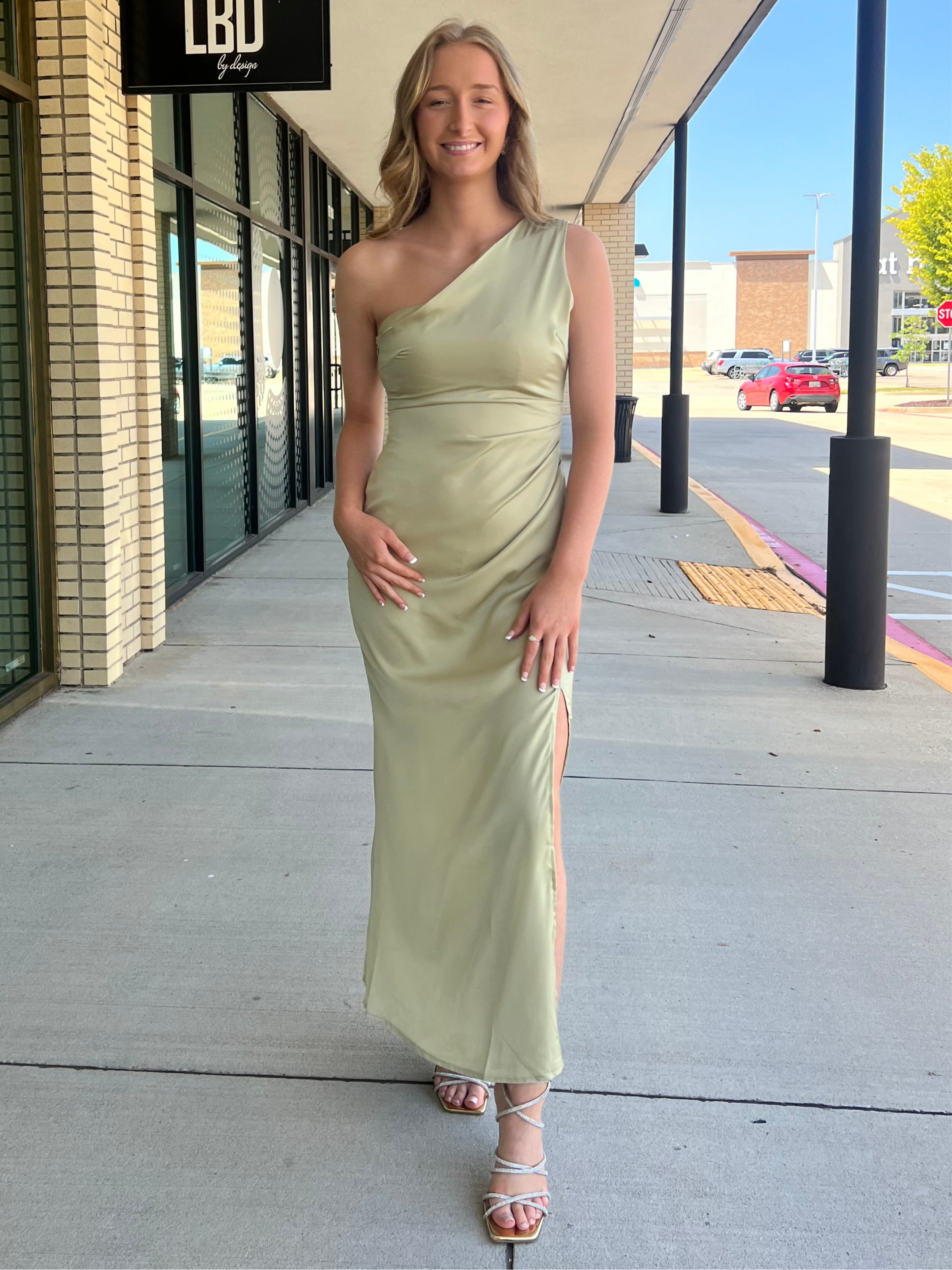 Amelia Sage Green Satin One Shoulder Front Slit Midi Dress