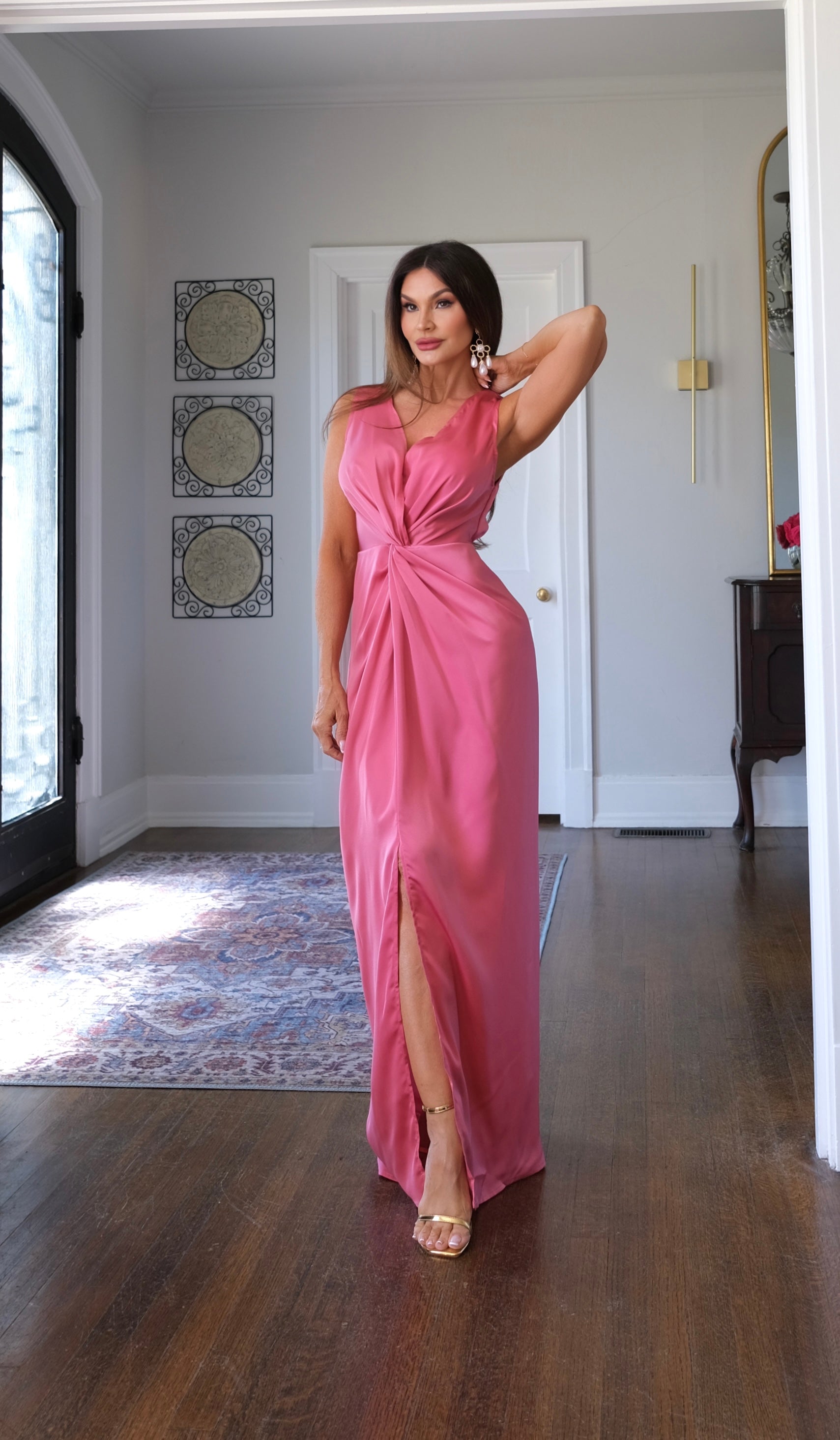 Rebel rose satin knotted v neck maxi dress
