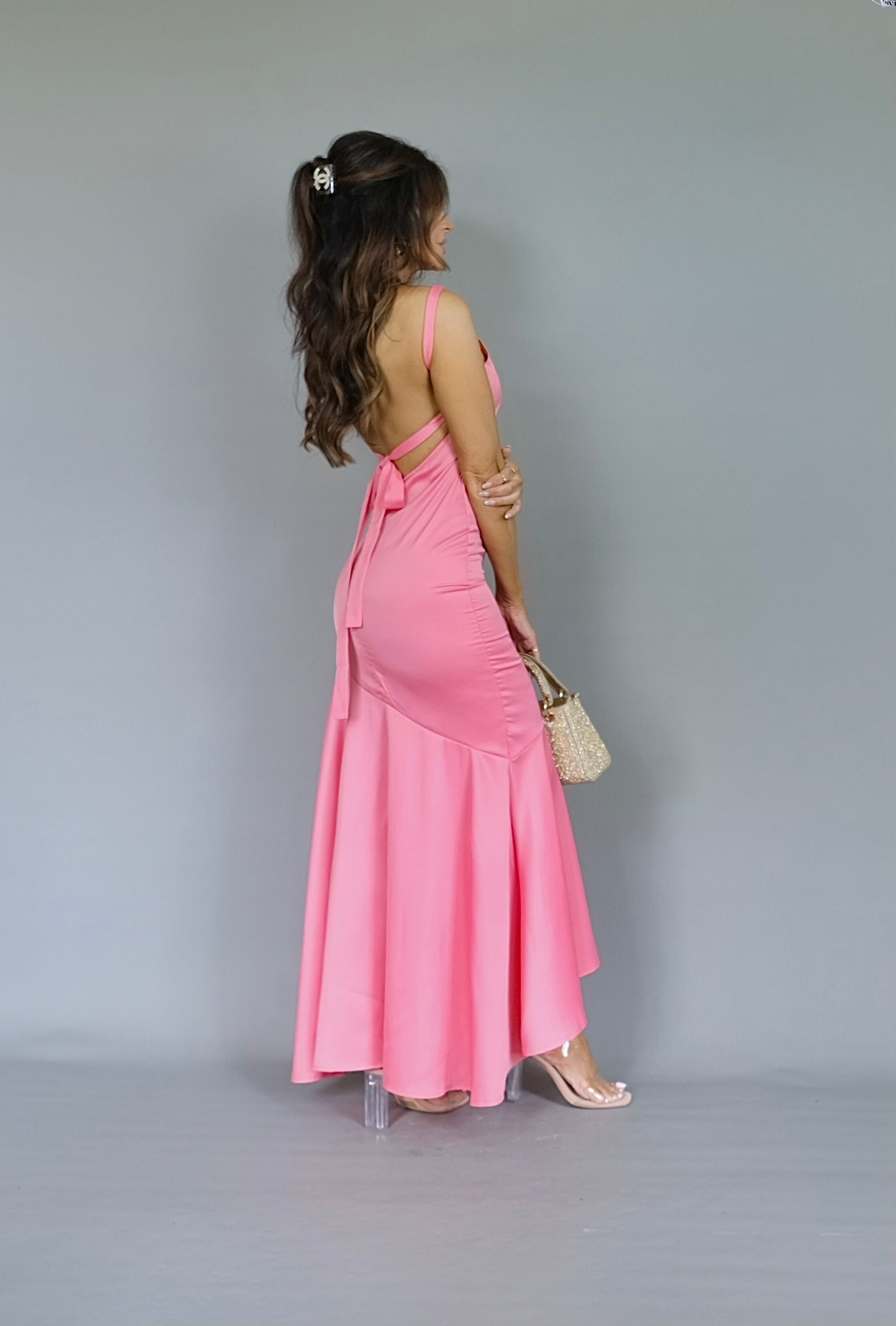 Vera pink slant shoulder maxi length slip dress