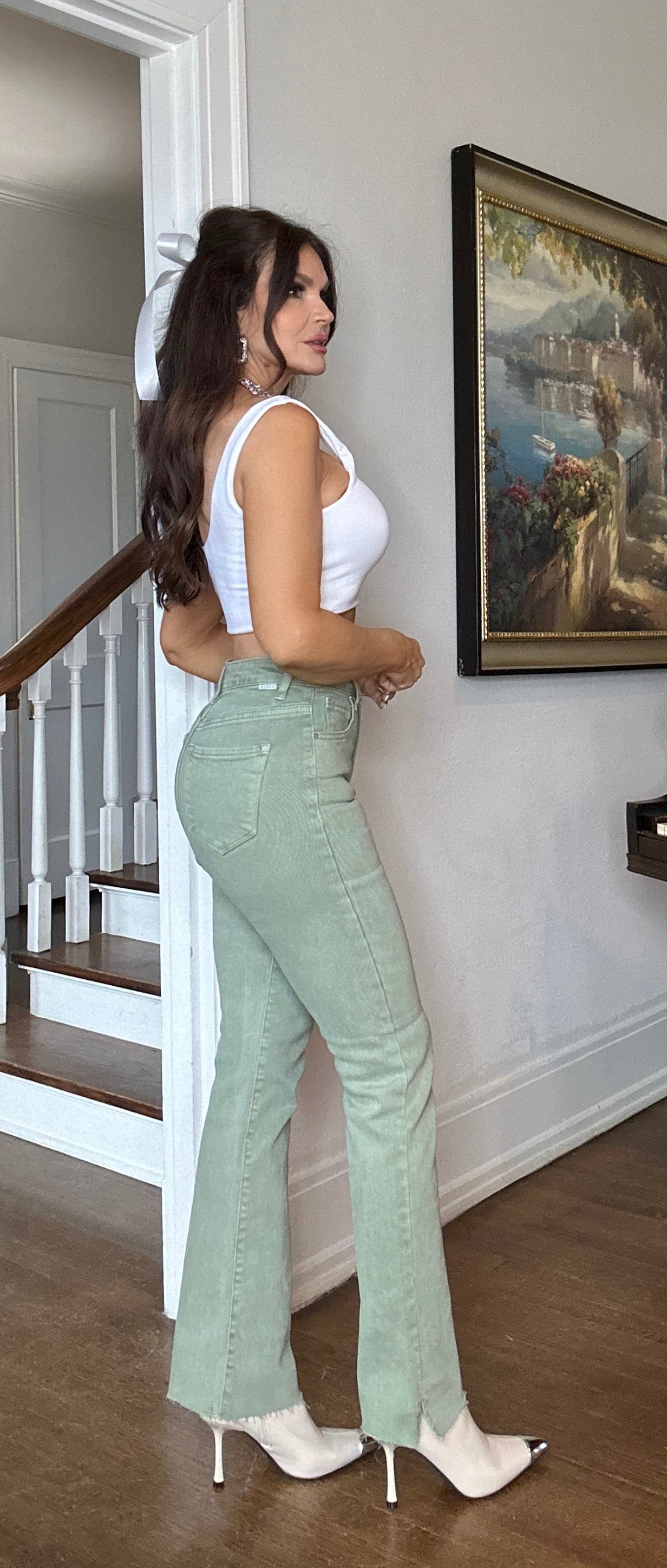 Nora Olive Raw Hem High Waist Jeans