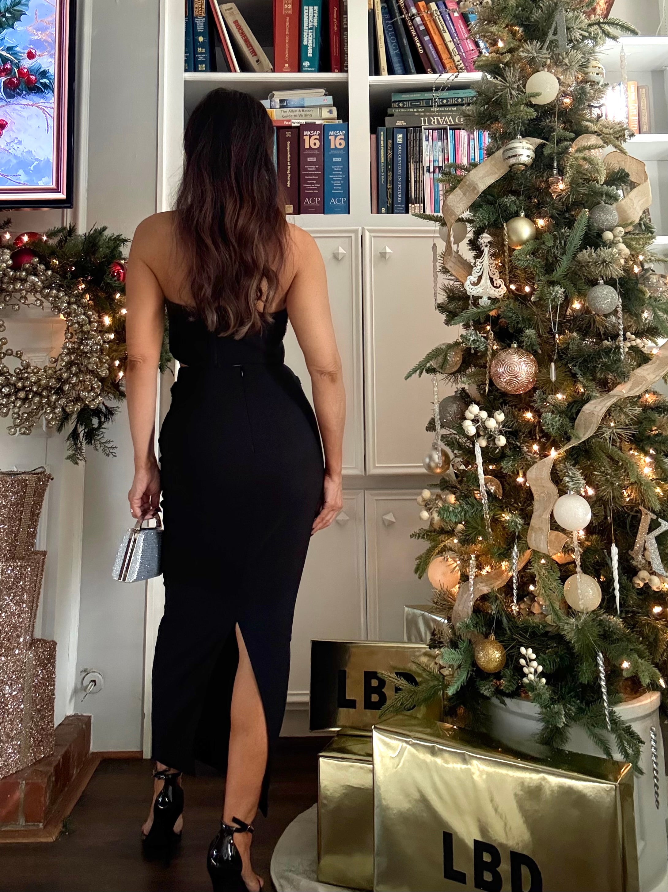 Flora Black Pencil Midi SKirt With Rhinestone Applique