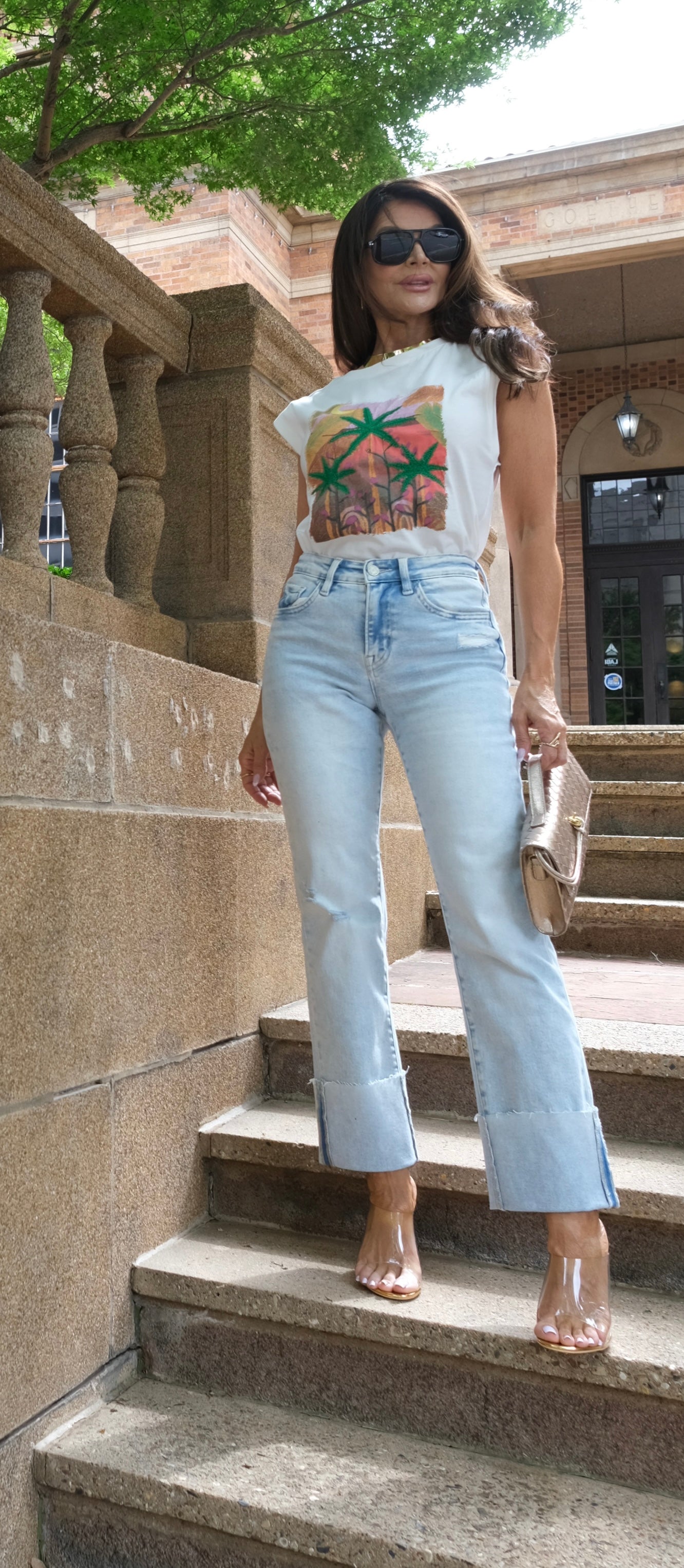 Venice white multi color print and embroidered sleeveless t shirt