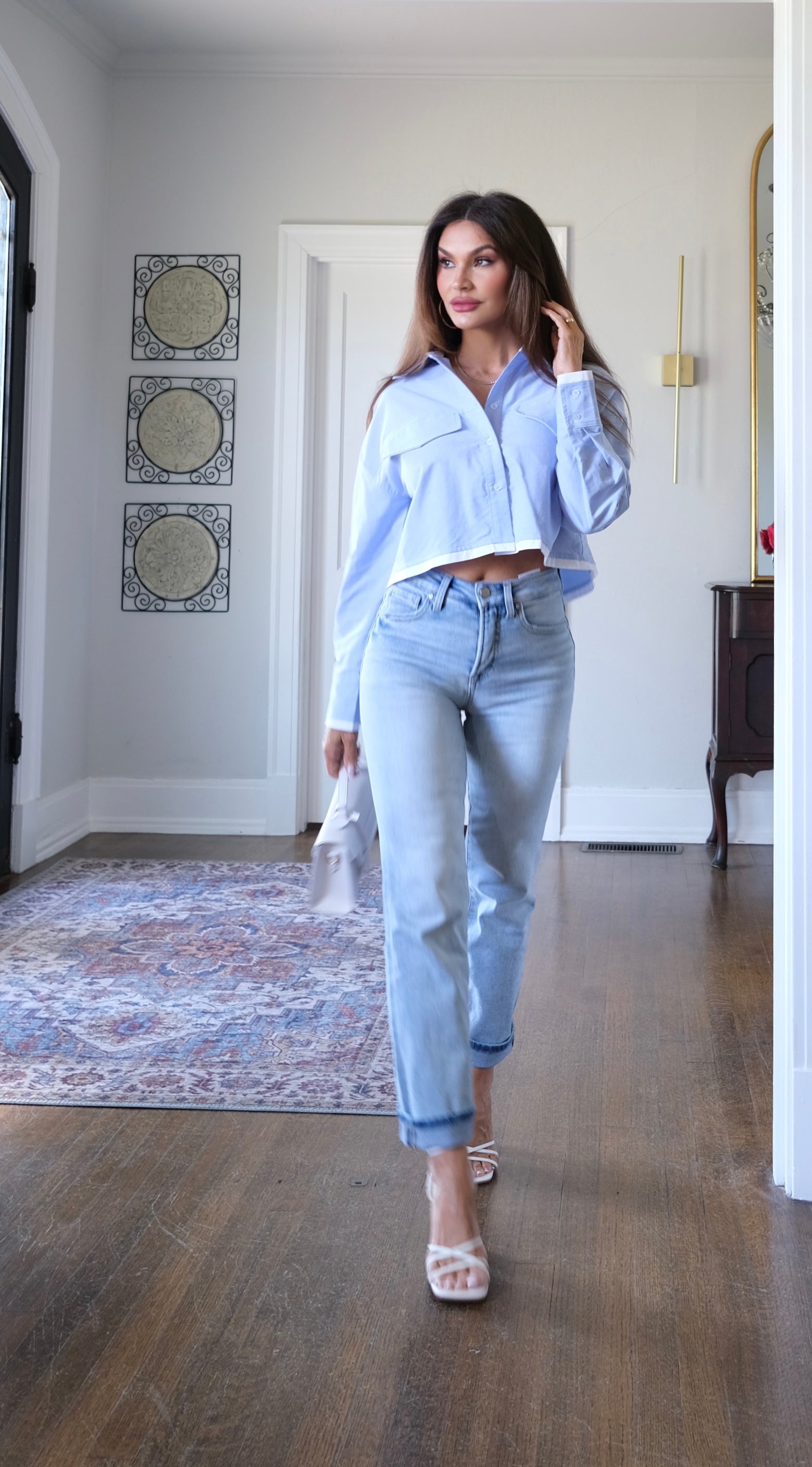 Alice blue crop button up