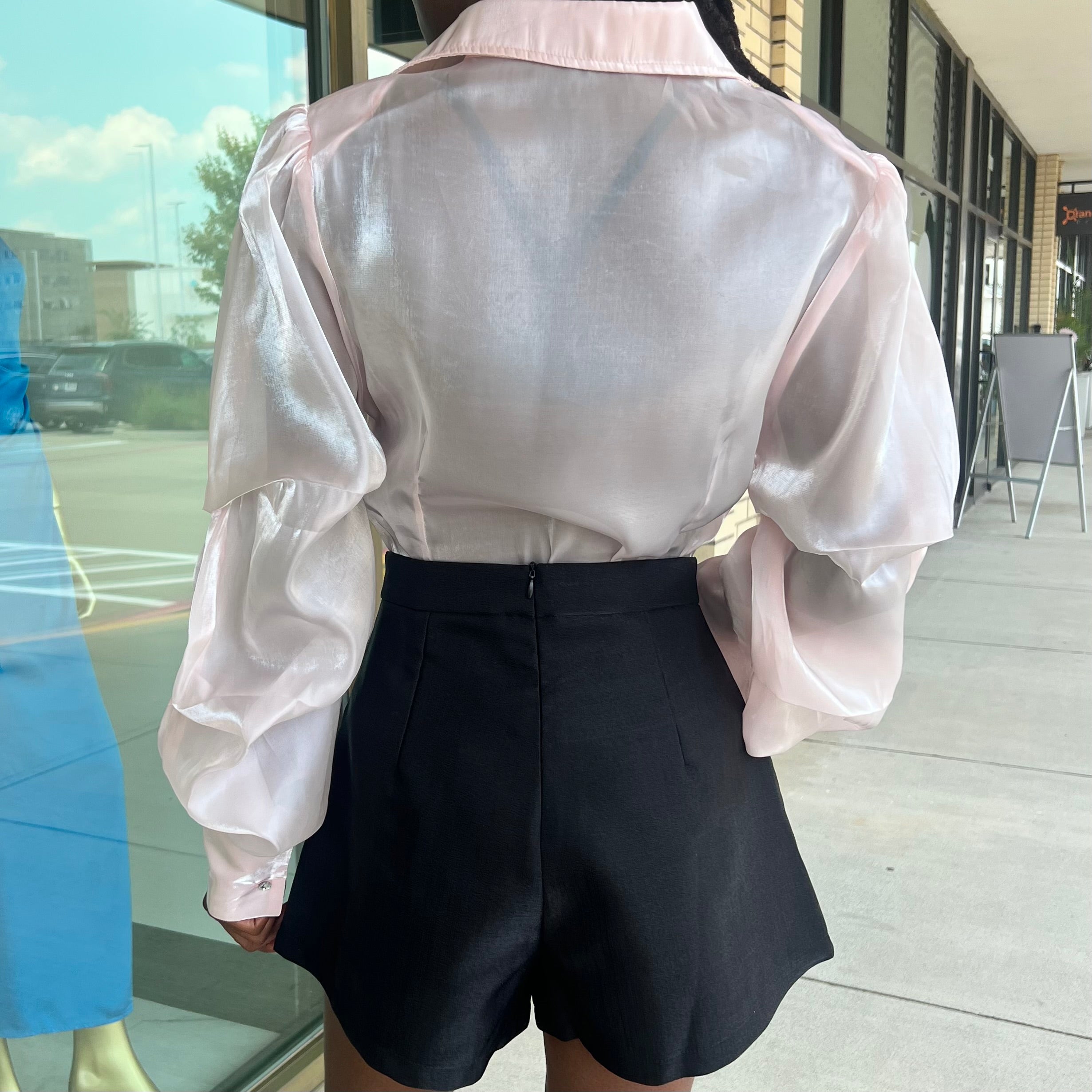 Pepa Blush Pink Long Puff Sleeve Crystal Button Front Blouse