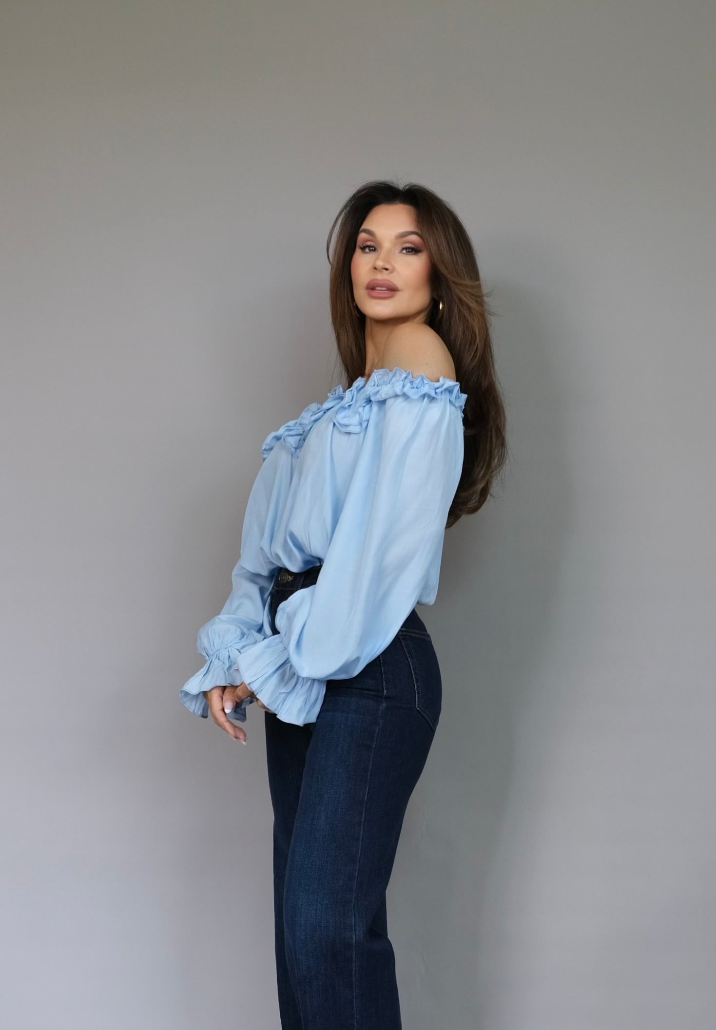 Jane blue off shoulder ruffle shirt